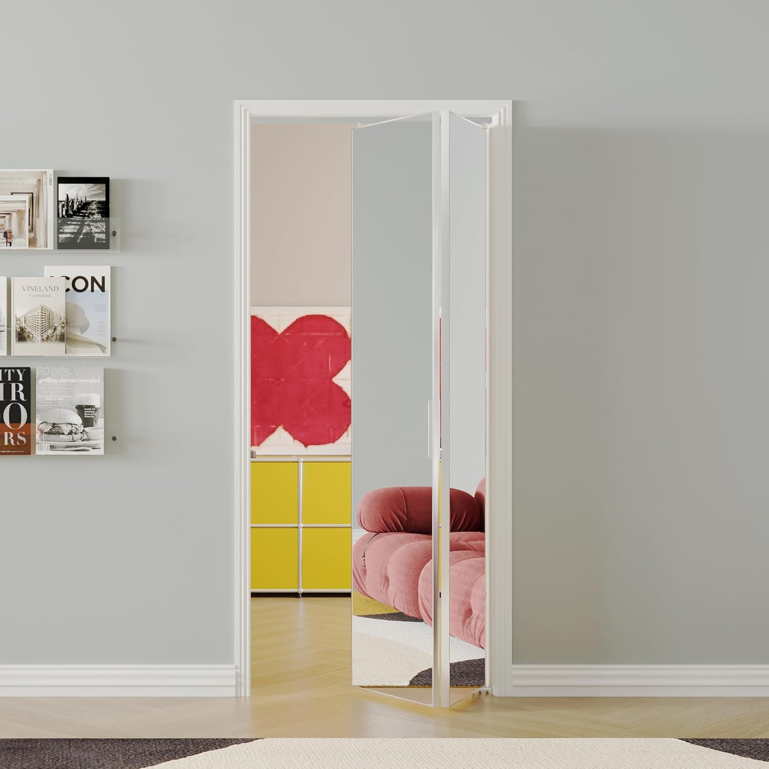 Closet Doors, Perfect for 72''（36''x2） x 80'' Openings, 1-Lite Mirror Aluminum Alloy Interior Bifold Door Panel with Hardware Kit, Folding Doors for Bedroom, White