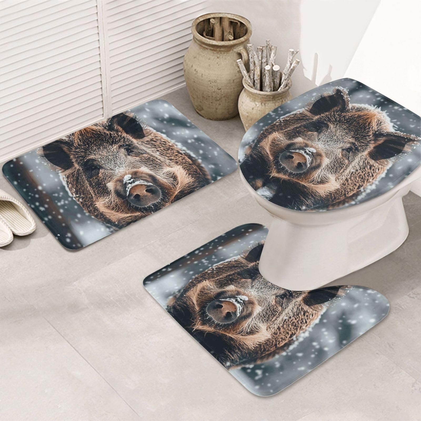 Tapis de salle de bain motif sanglier avec contour U absorbant lavable