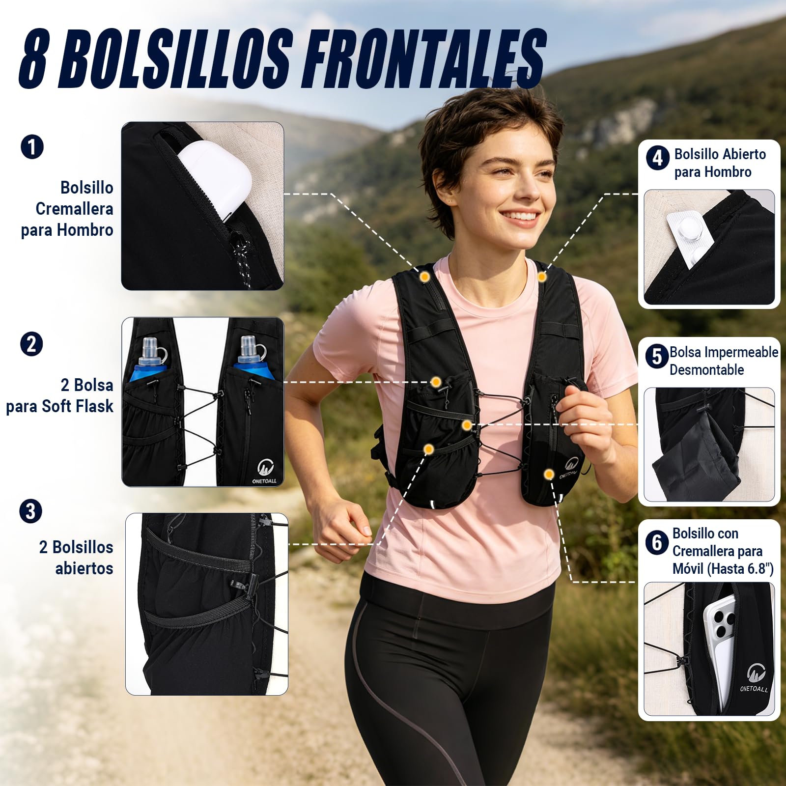Chaleco Running Hombre Mujer con 2× Soft Flask 500ml y Luz LED Recargable, Chaleco Hidratacion Trail Running, Running Vest Ultraligero, Mochila Hidratacion para Correr Senderismo Montaña Bici