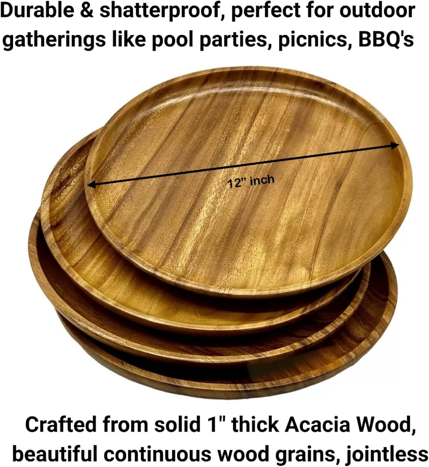 Set of 4 – 12 Inch Round Acacia Wood Dinner Plates – Solid Hardwood Wooden Plates for Steak, Pasta, Salad, BBQ, Charcuterie – Natural Wood Grain Dinnerware