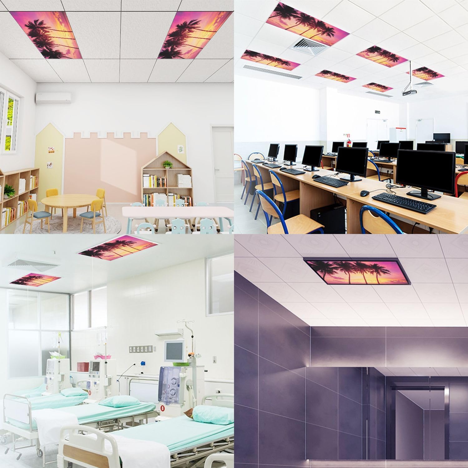 Fluorescent Light Covers for Ceiling Lights Tropical Sunset Palm Trees Easy to Install Magnetic Light Filter for Classroom Office Hospitals School Home Decor