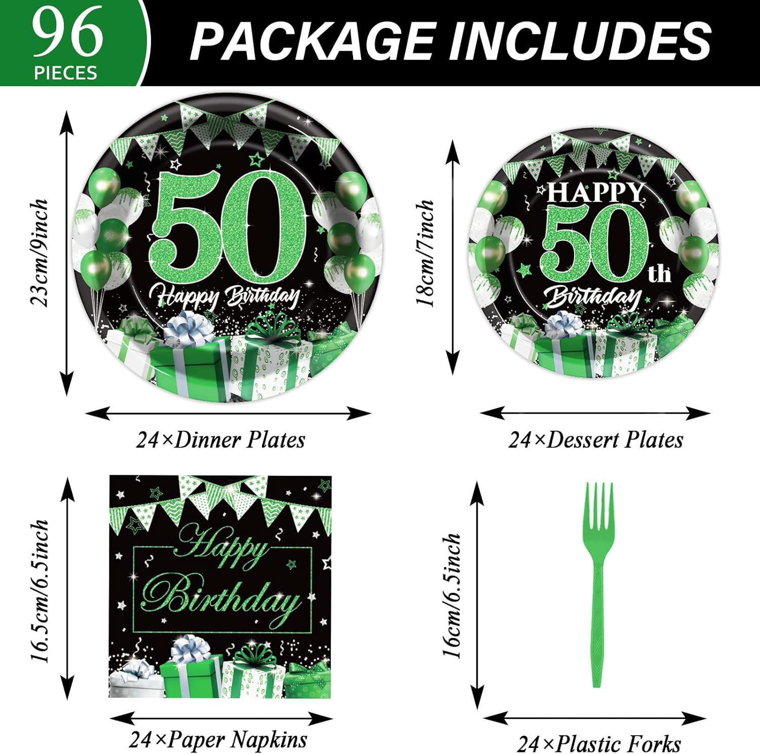 OBUSATT 96Pcs 50th Happy Birthday Party Supplies Green Silver Black Paper Plates Napkins 50th Birthday Party Decorations 50 Years Old Dinnerware Party Favor Men Women Tableware Serves 24