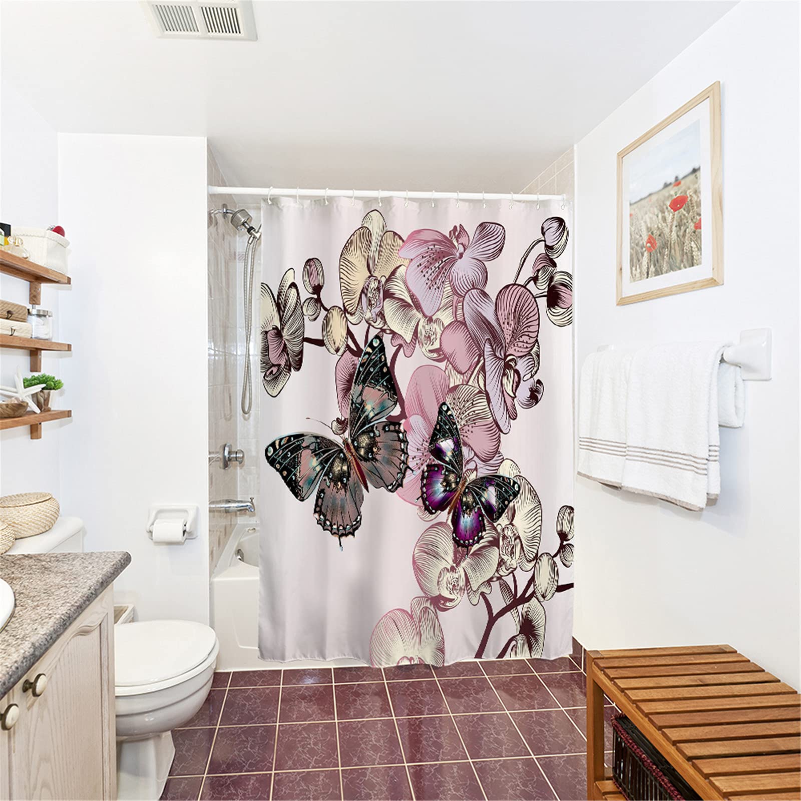 Oduo Rideaux De Douche Anti Moisissure, 3D Papillon Imprimé Rideau De Douche Impermeable Rideaux De Salle De Bain Avec 10-12 Crochets - Lavable En Machine (150x180cm,Fleurs Roses