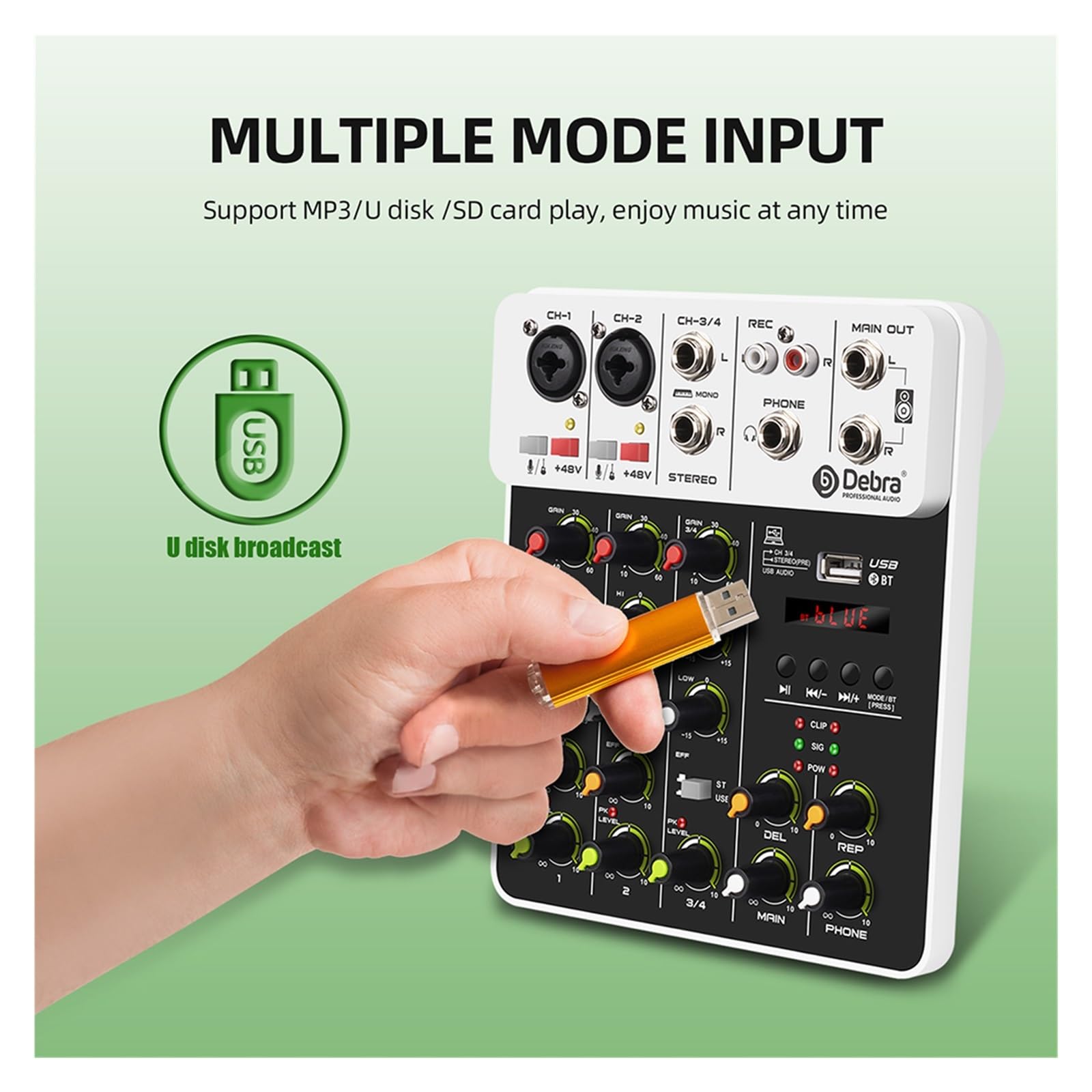 Mixer per DJ, V4 4 canali Mixer DJ Console Portatile 48V Phantom Power USB DJ Console con Scheda for PC Registrazione Canto(V4 White Type)