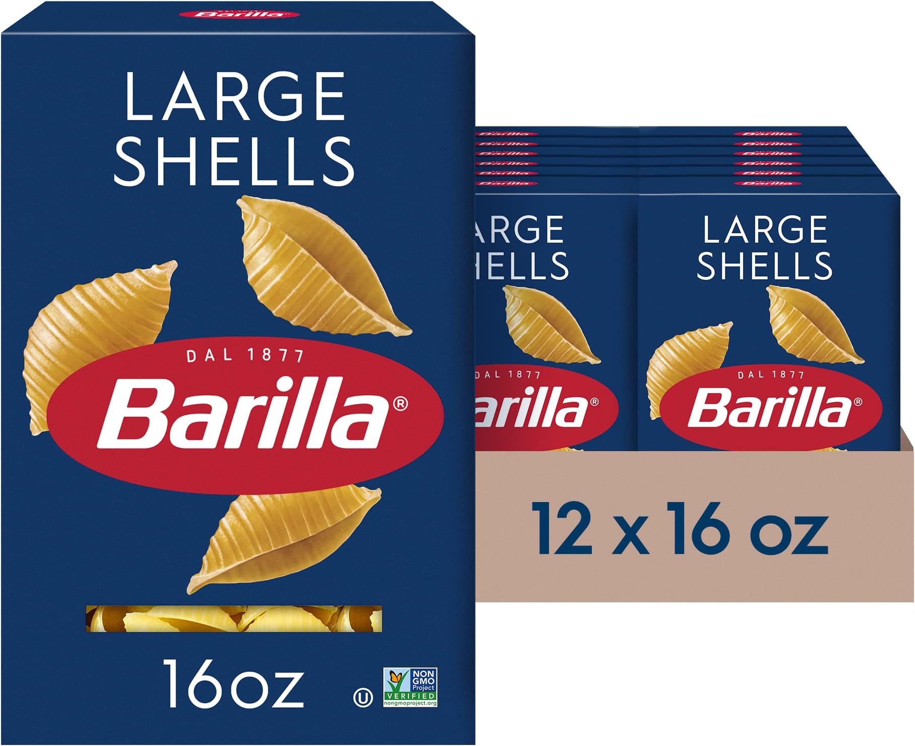 Large Shells Pasta, 16 oz. Box (Pack of 12) - Non-GMO, Made with Durum Wheat Semolina - Kosher Certified