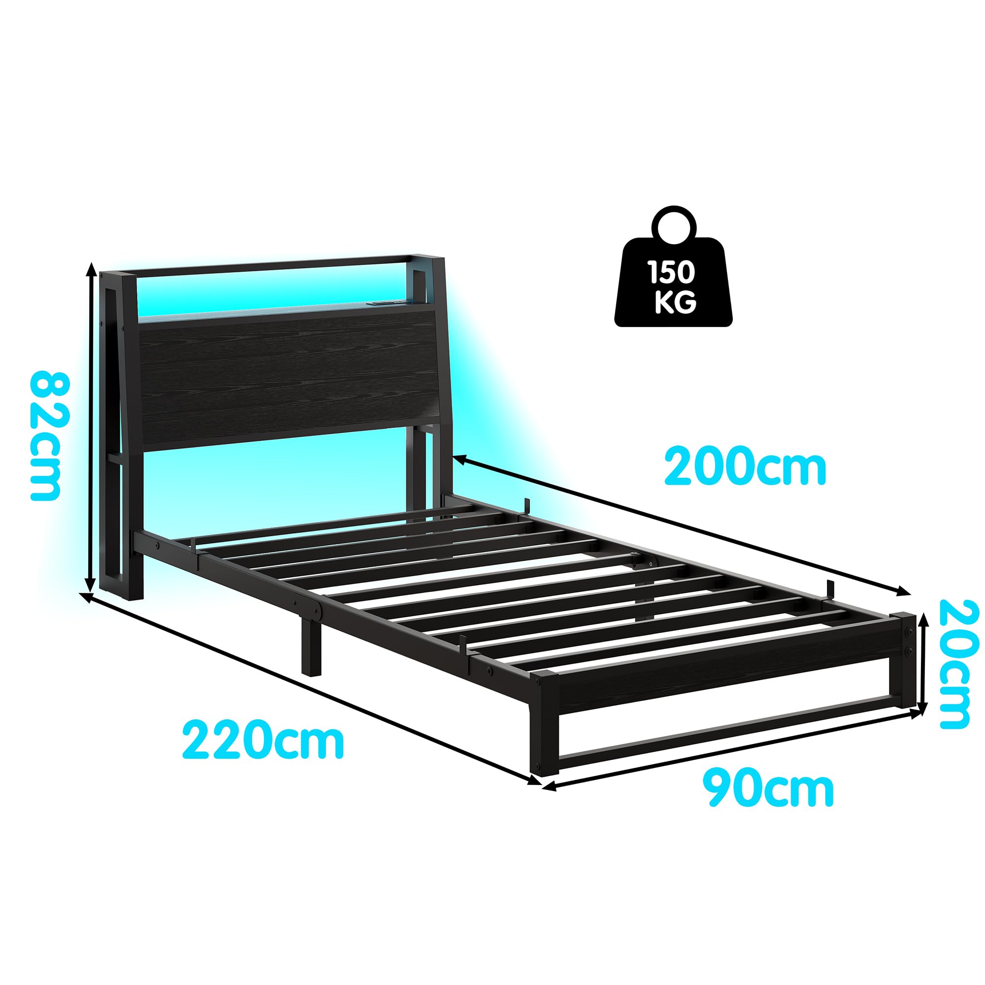 Letto 90 x 200 cm con testiera ergonomica con spazio di archiviazione, letto singolo in metallo, telaio del letto con stazione di ricarica e illuminazione a LED, ideale per camera da letto