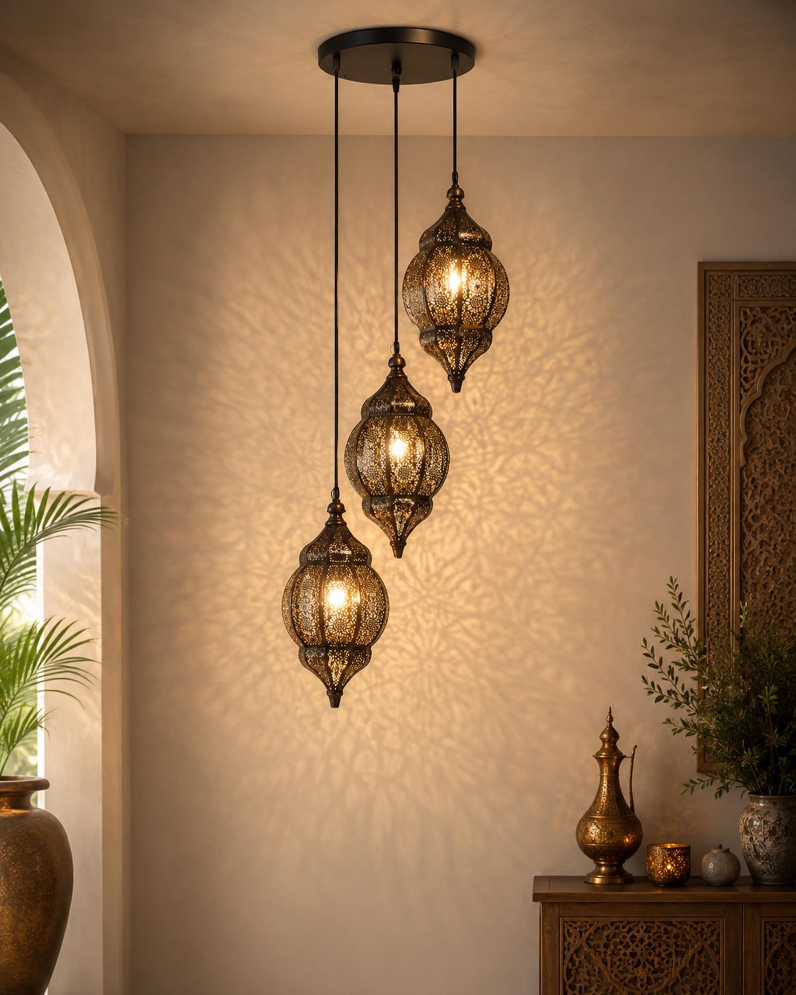 Homesake Round Cluster Chandelier Ceiling Antique Copper Classic Moroccan Orb Pendant Hanging Decoration Lights for Home Decor Items (Brown) - 3 Lights-image-22