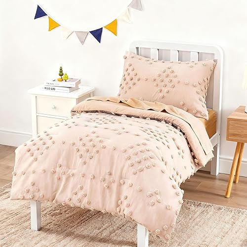 Juego de ropa de cama de 4 piezas para niñas pequeñas de jacquard beige con pompones, bordado, bohemio, con lunares copetudos, juego de edredón para