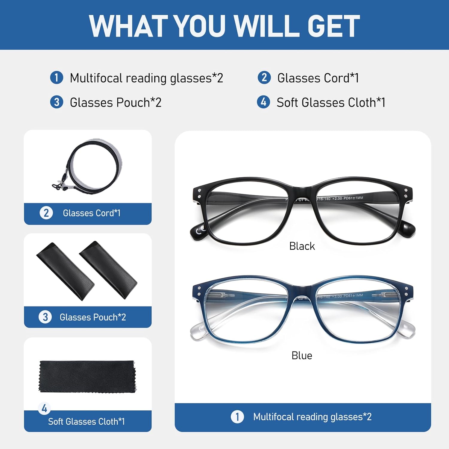 Progressive Multifocus Reading Glasses for Men Women Blue Light Readers Spring Hinge No-Line Near Range 2-Pack PT2013