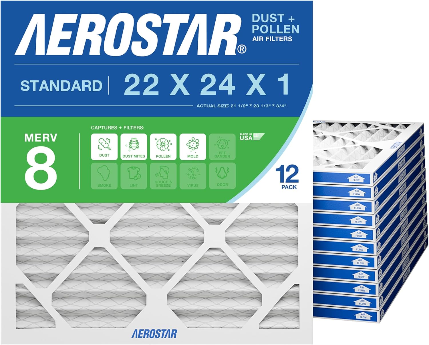 Aerostar 21x23x1 MERV 8 Pleated Air Filter, Dust and Pollen Control (12 Pack), Actual Size: 21.5x23.31x0.75