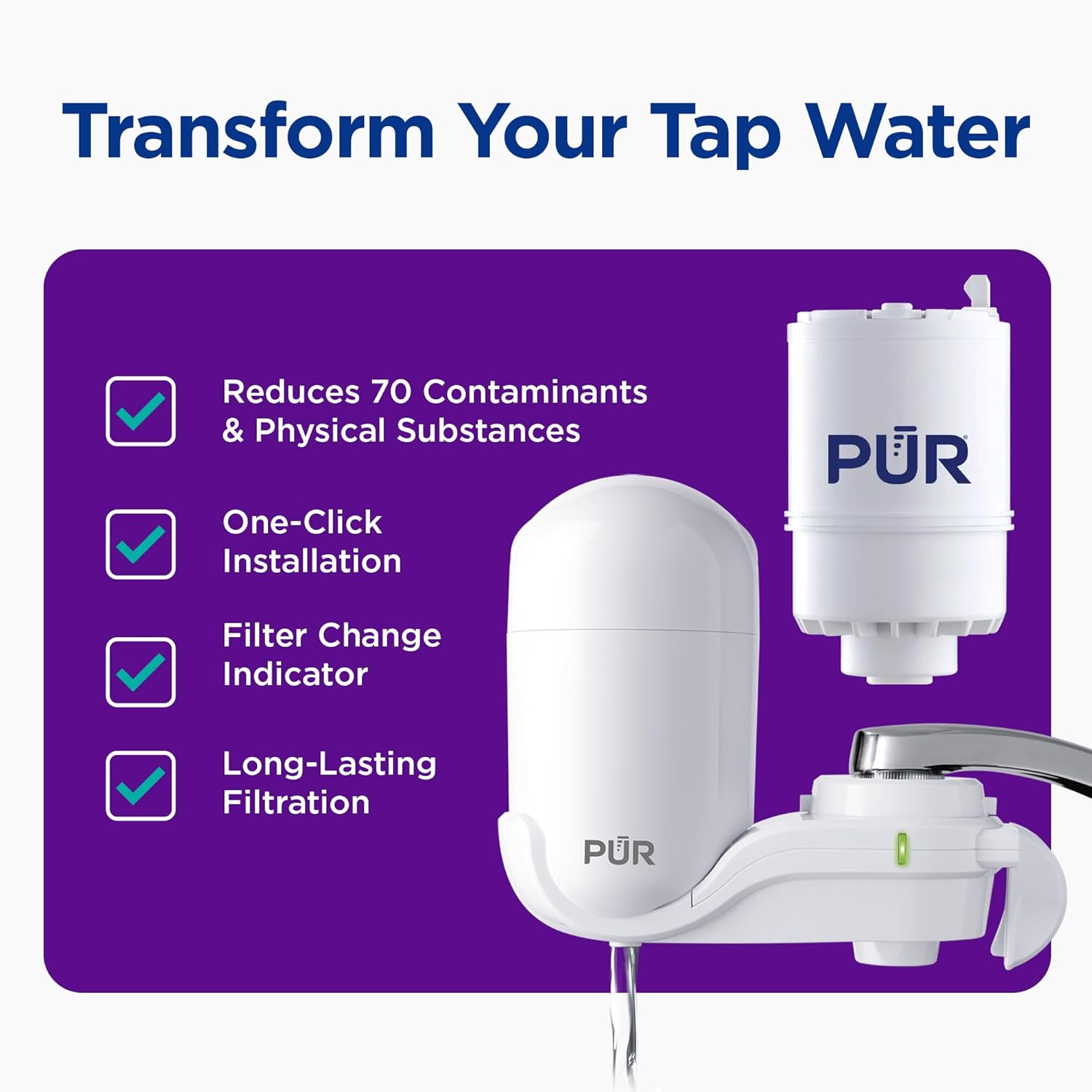 PUR Vertical Faucet Mount Water Filtration System with Lead Reducing Filter for Cleaner, Filtered Tap Water, Lasts 100 Gallons, Sink Water Filter, Fits Most Kitchen or Bathroom Faucets, White