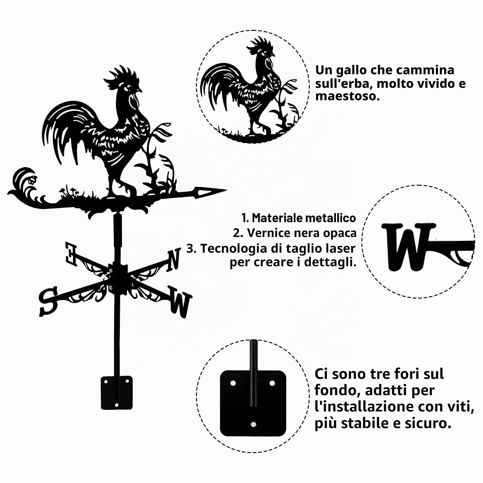 Banderuola Segnavento in Metallo Segnavento a Forma di Gallo per Esterni, Fattoria, Patio, Giardino, Gazebo