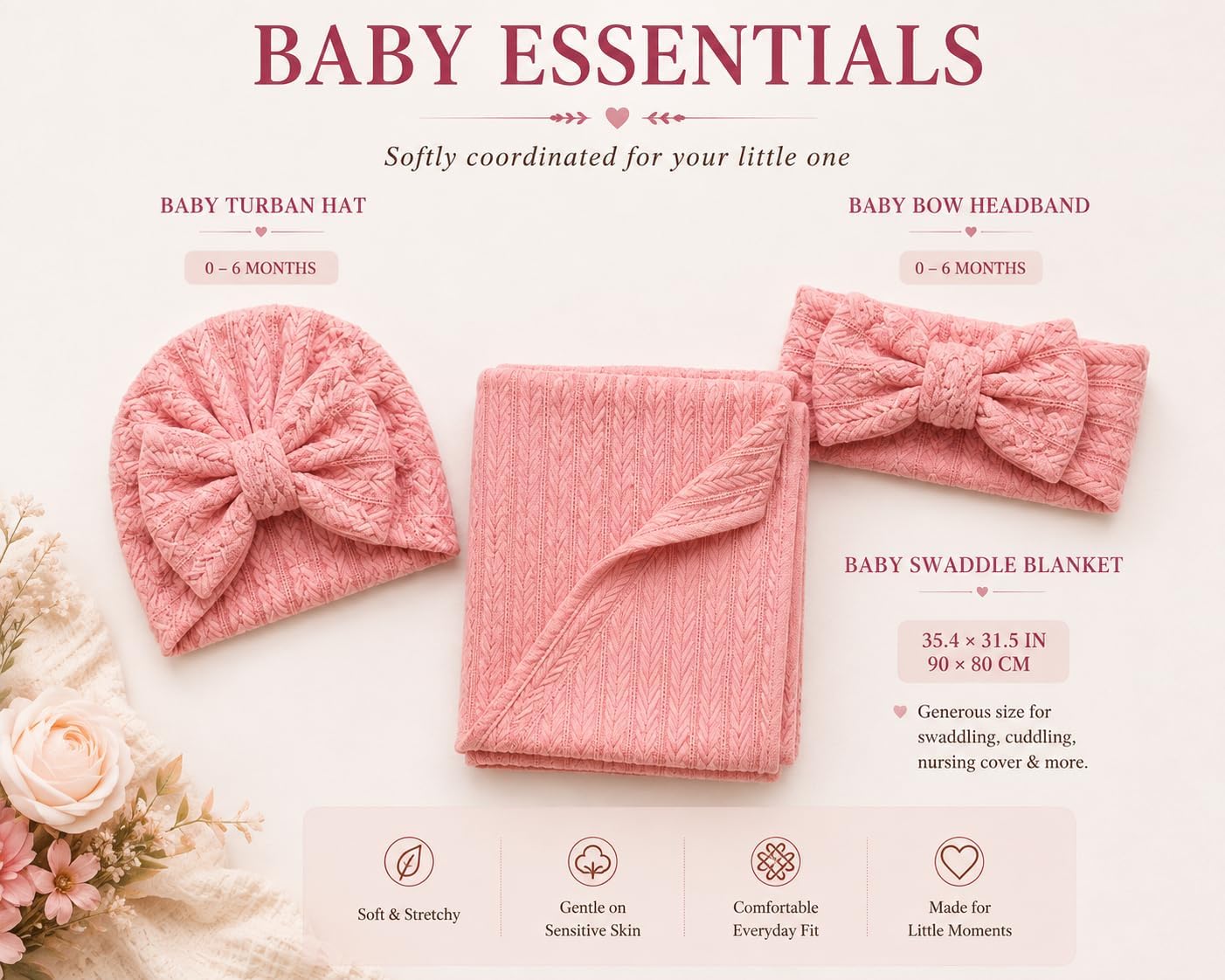 FUURY Mommy and Me Hospital Outfit Set Baby Girl – Robe, Swaddle, Headbands & Dad Hat -Pink