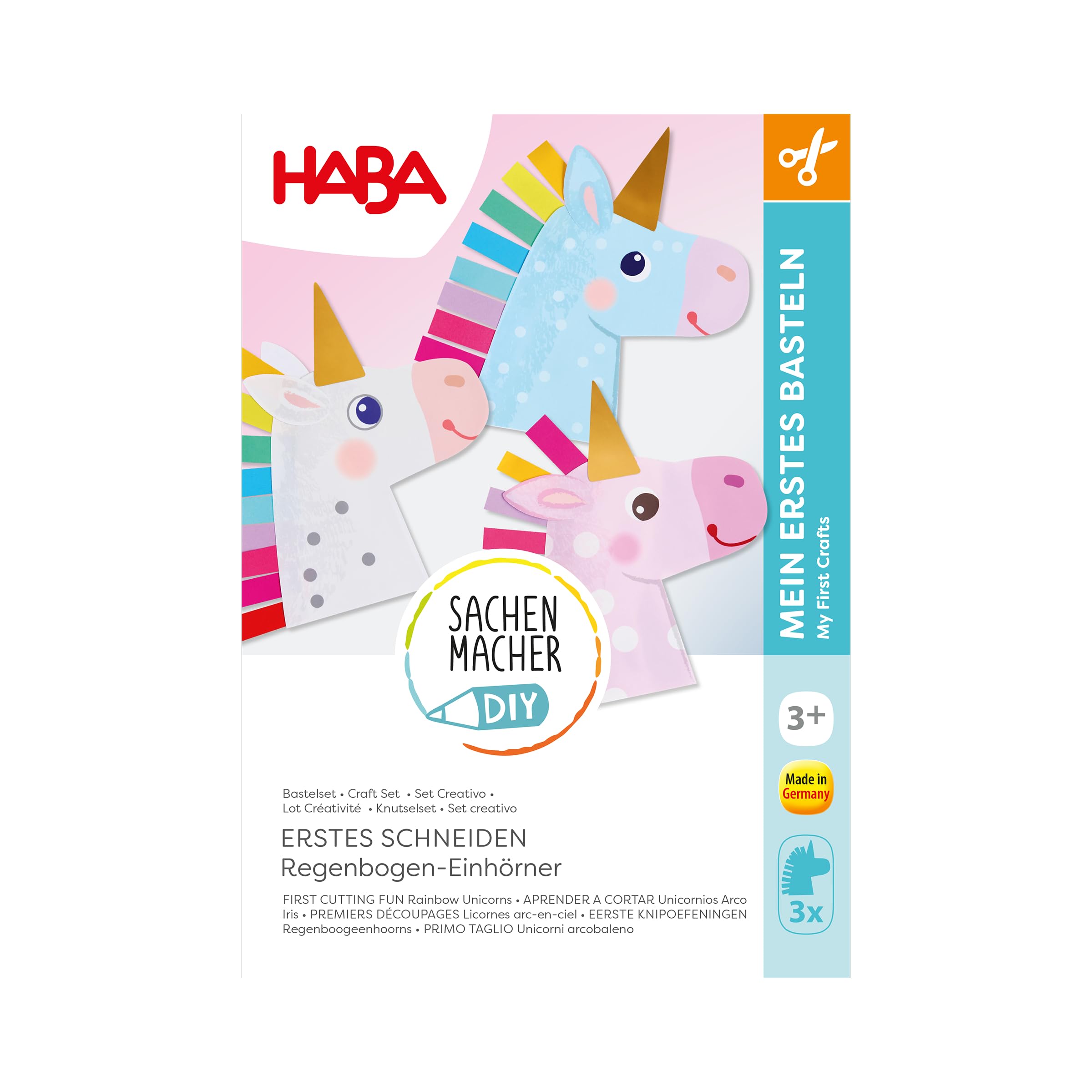 HABA Sachenmacher Premier Rainbow Unicorn Decoupage (Pack of 3) - Learn to Cut from 3 Years, Unicorn DIY Kit for Kids, Kindergarten & Home