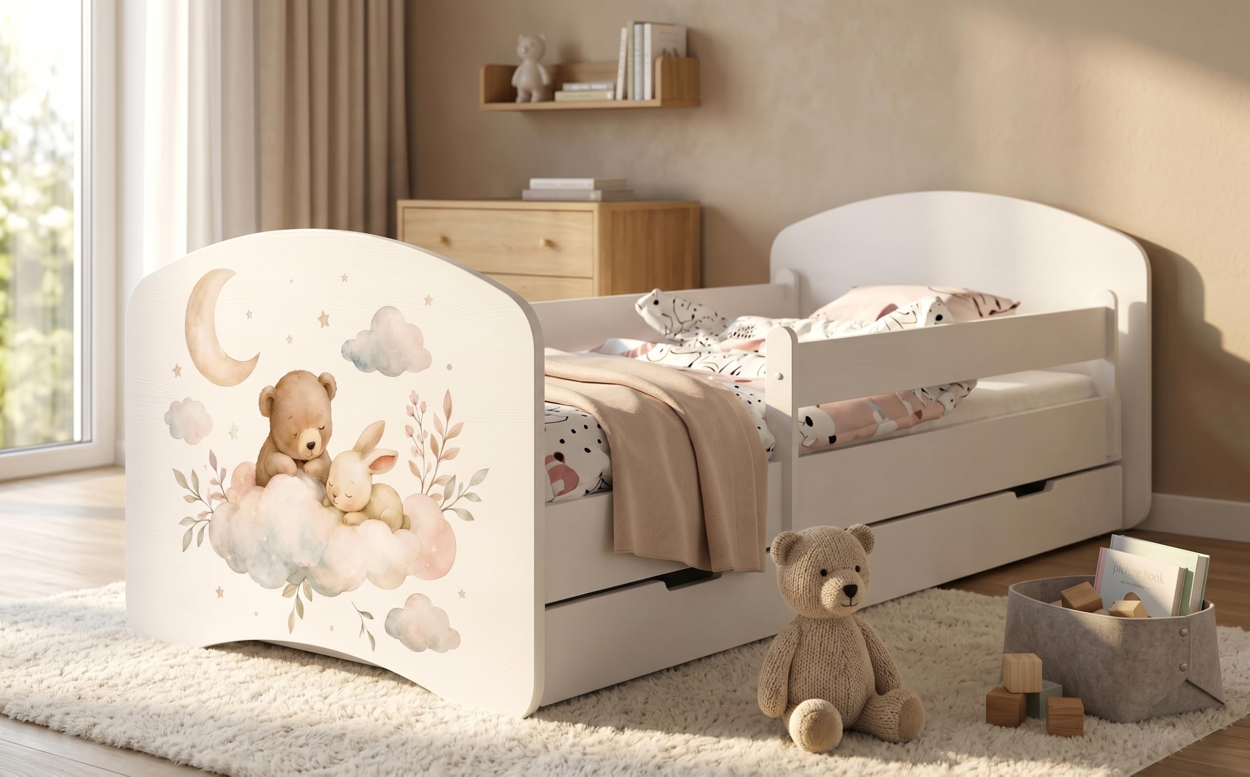 Happy Babies Kinderbett 144x82 cm Weiß | Motiv Bär & Hase mit Regenbogen | Komplett-Set inkl. Matratze & Schublade, Teddybären für Mädchen (Nr 462)