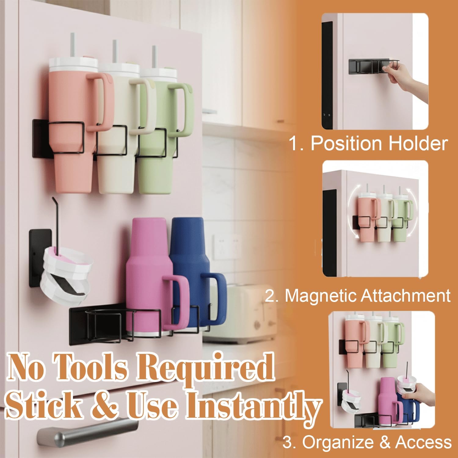 Magnetic Stanley Cup Holder for Fridge, 2 Magnetic Tumbler Holder and 1 Lid Rack for 40 oz Stanley, Kitchen Pantry Organizers and Storage for Stanley Cup Accessories - Image 4