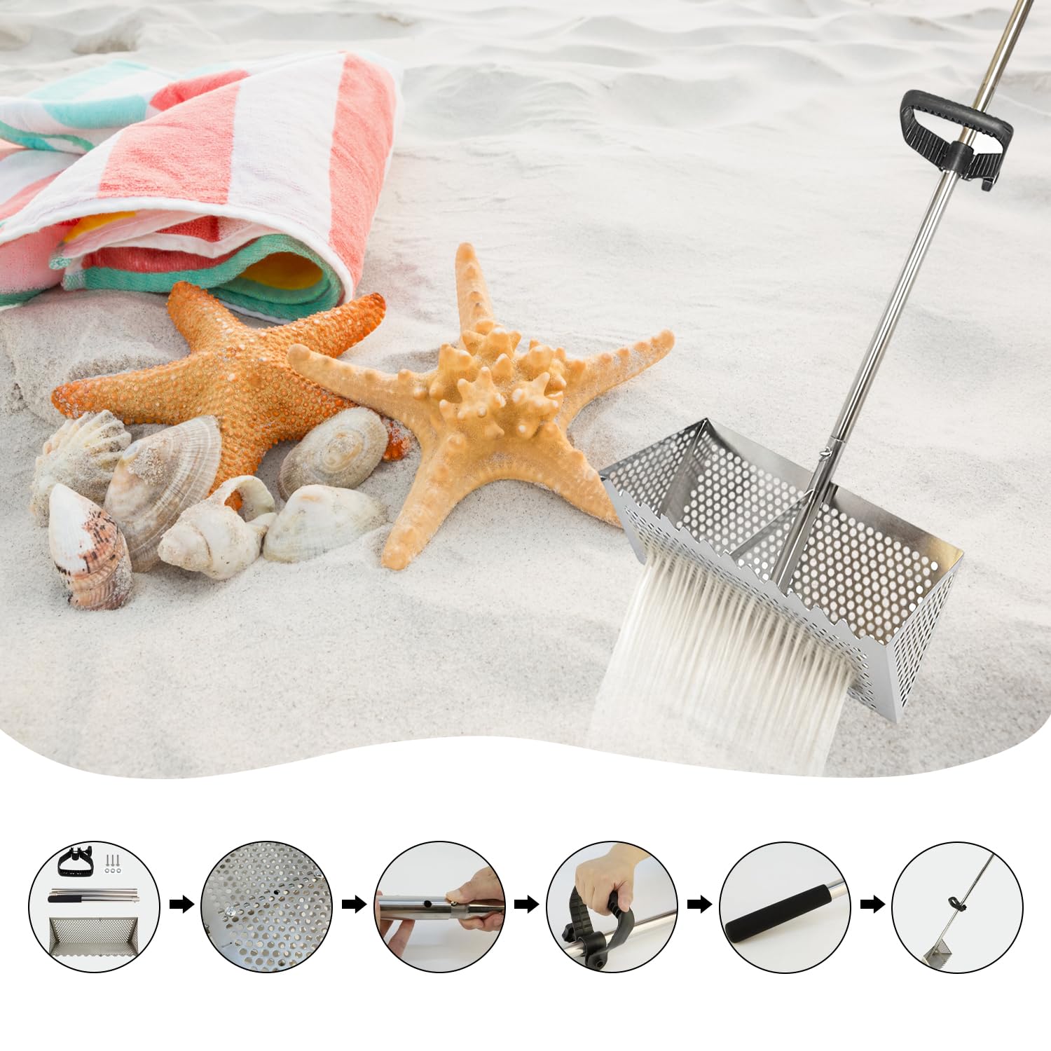 Strandrechen, Sandflohharke, Sandsieb aus Edelstahl mit Breitem Trapezkorb, Abnehmbarem Sandrechen, Sandflohrechen Strand, Faltbare Sandflohfalle für Den Strand