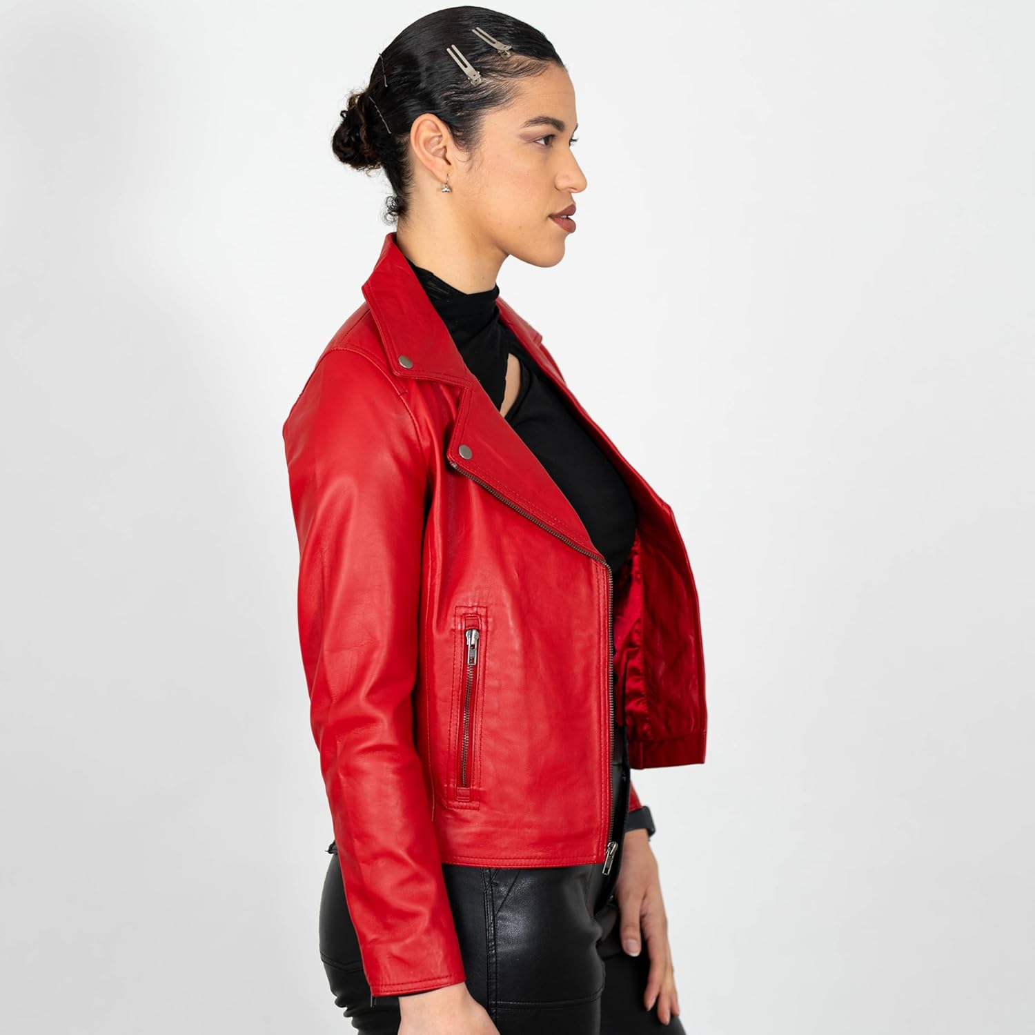 BRICK LANE Studded Collar Leather Jacket for Women | Lamb Nappa Leather | Zip Pockets, Timeless Motorcycle Jacket - Image 4