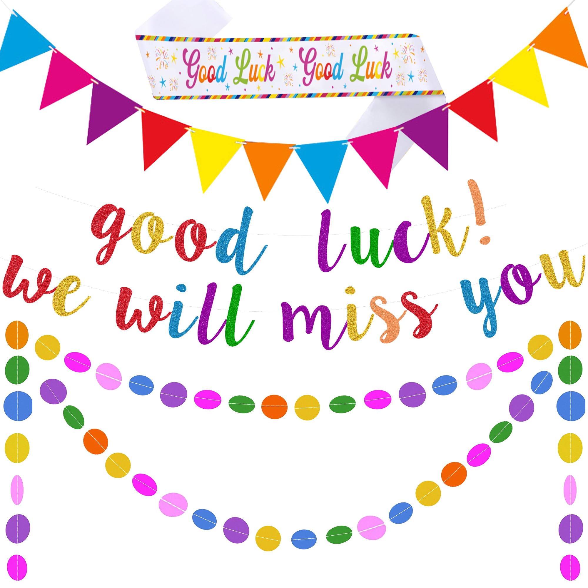 We Will Miss You Banner - Colorful Retirement Decorations Set With Glitter Triangle Bunting, Good Luck Graduation Garland Banners for Leaving Farewell Party Supplies