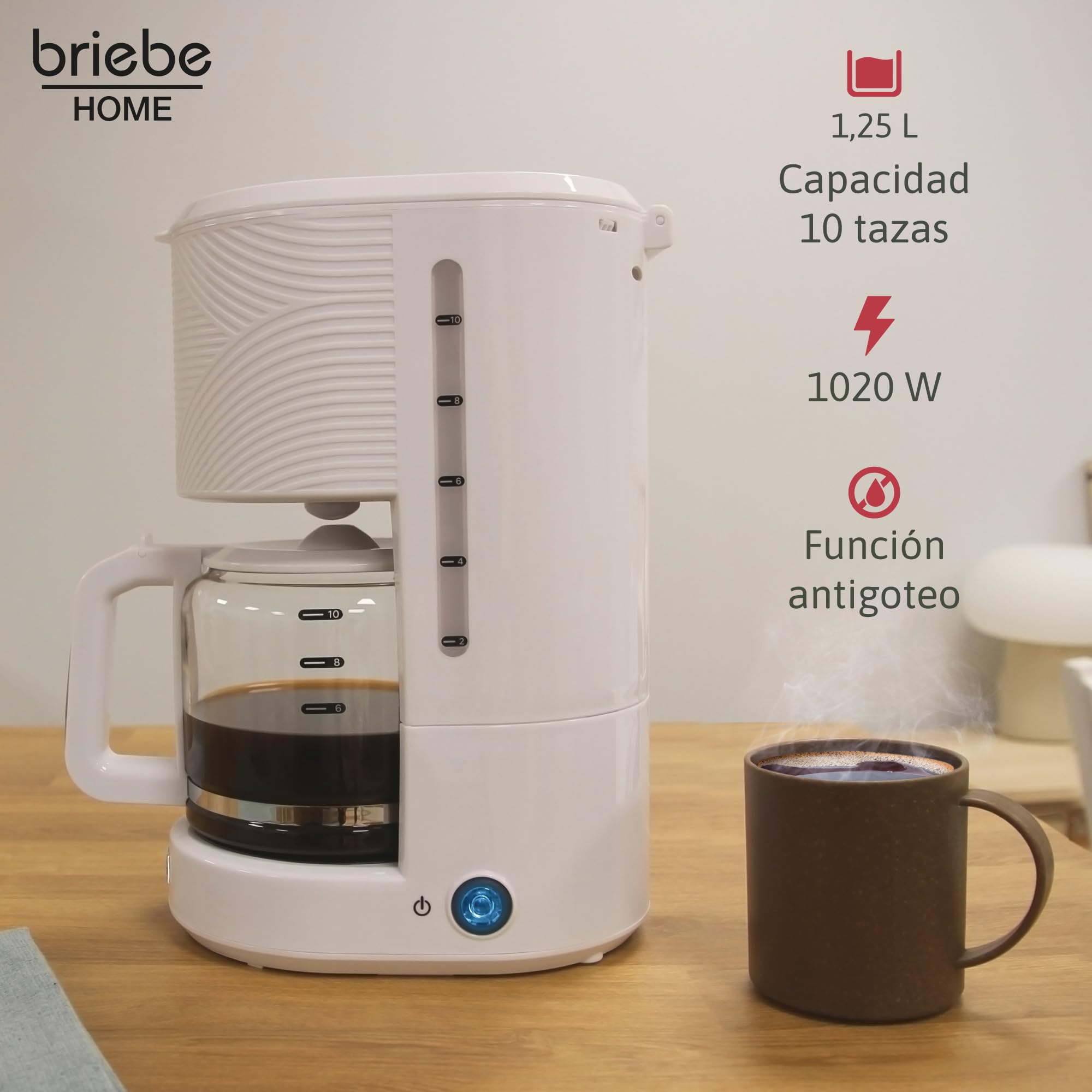 briebe Elegance Cafetera Goteo 10 Tazas Máquina de Café Filtro Permanente Reutilizable, Función Mantener Caliente, Sistema Antigoteo 1,25L, Blanco