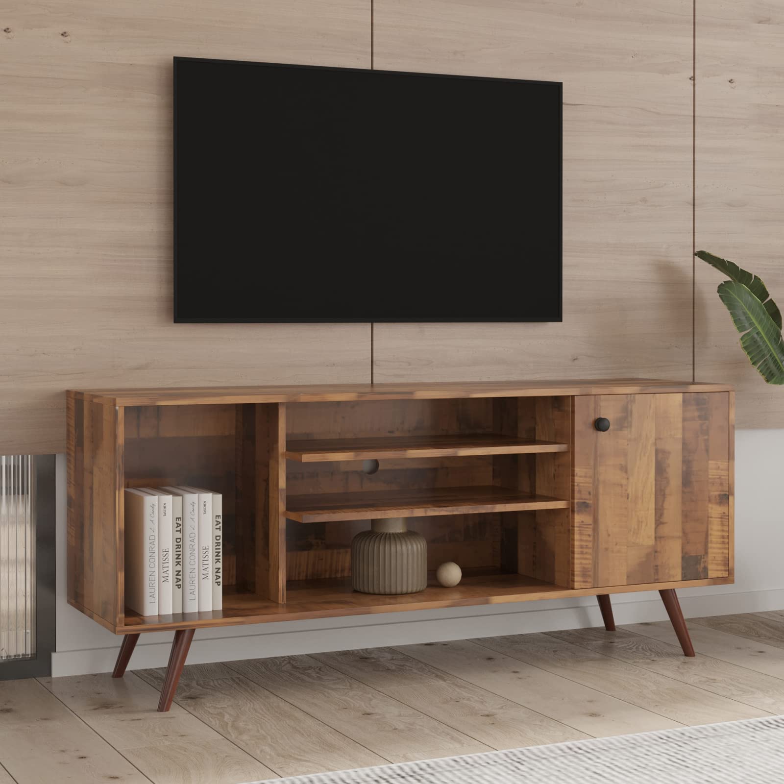 Takefuns TV Stand with 1 Storage and 2 Shelves Cabinet, Wooden TV Console Media Cabinet with Wooden Legs, TV Cabinet Entertainment Center for Living Room, Brown