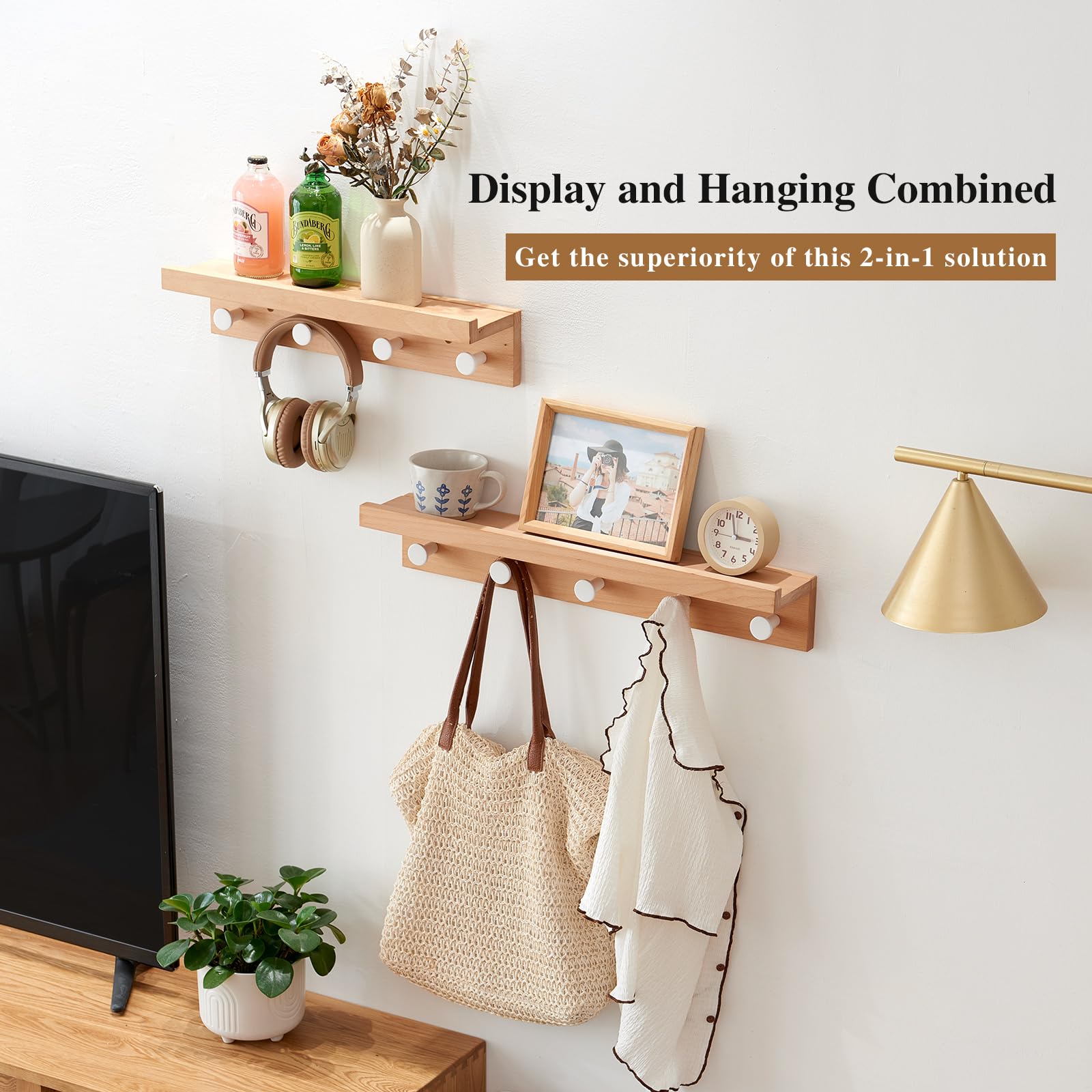 Ganchos de pared de madera de haya con estante, perchero con estante montado en la pared, estante de entrada con 4 ganchos para ropa, sombreros, toallas, bolsos, batas, baño, vestíbulo,