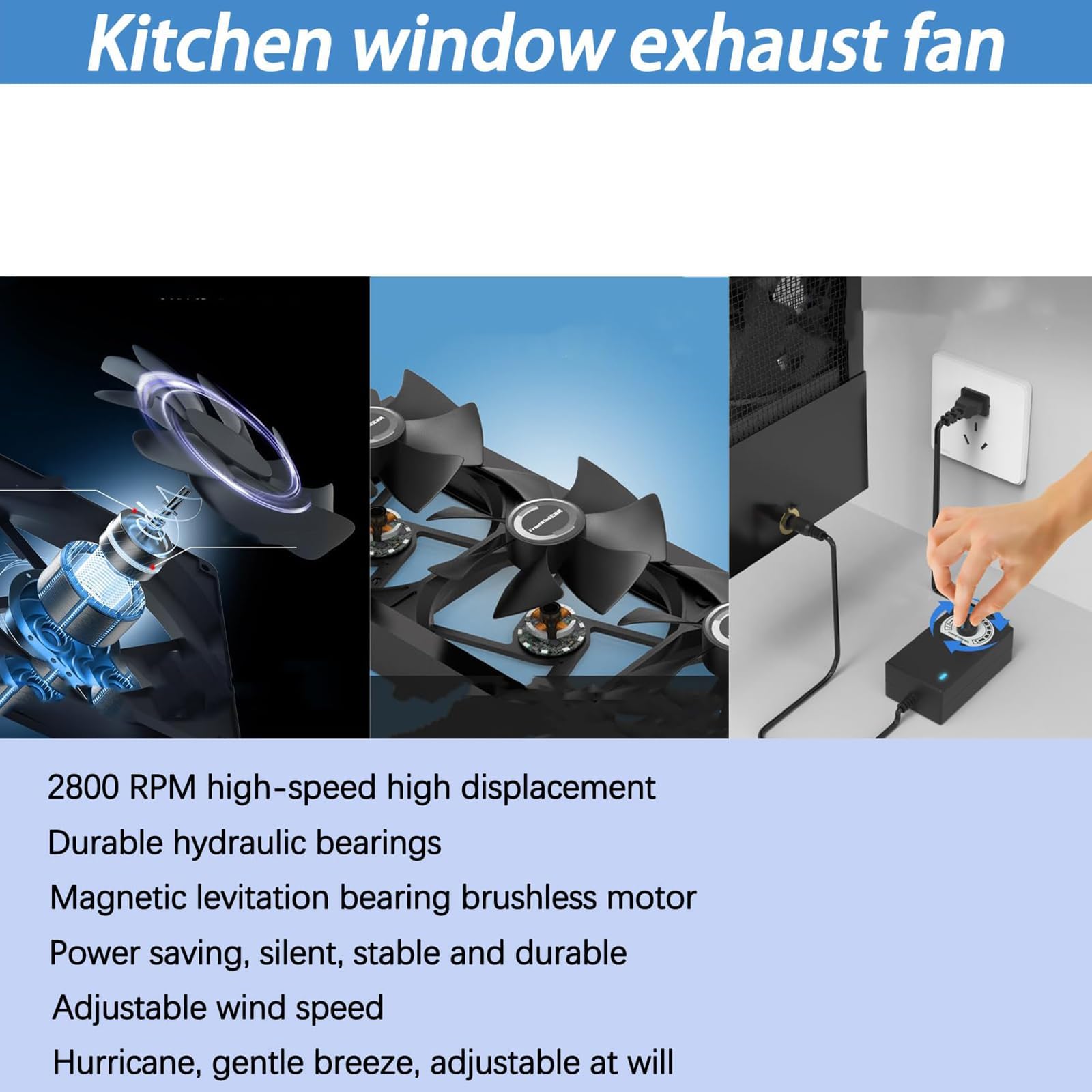 Einziehbarer Fensterlüfter, horizontale Fenstermontage ohne Bohren, vertikale Lüftungsanlage für Zuhause, Drehzahl einstellbar 0–2800 U/min, für Küche und Schlafzimmer, Weiß, 115–120 cm