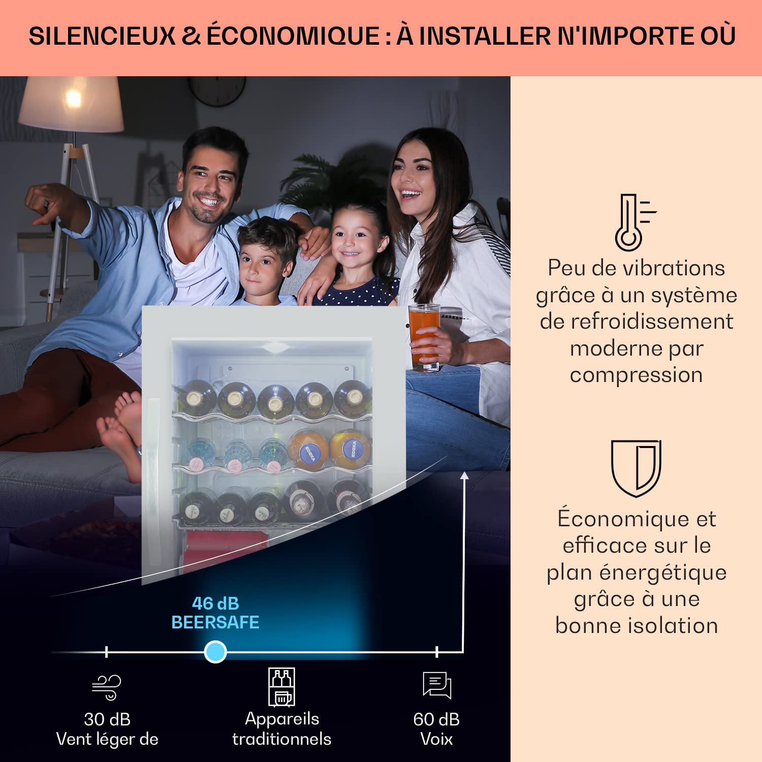 KLARSTEIN Mini Frigo 60L Silencieux pour Boisson, Bureau, Chambre, Camping, Étagères Réglables