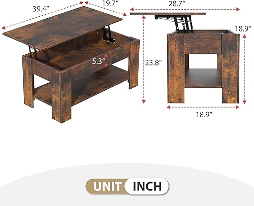 Miniatura 2 de Mesa auxiliar elevable con almacenamiento para sala de estar, mesa de consola con almacenamiento, mesas de centro de madera rústica para muebles de