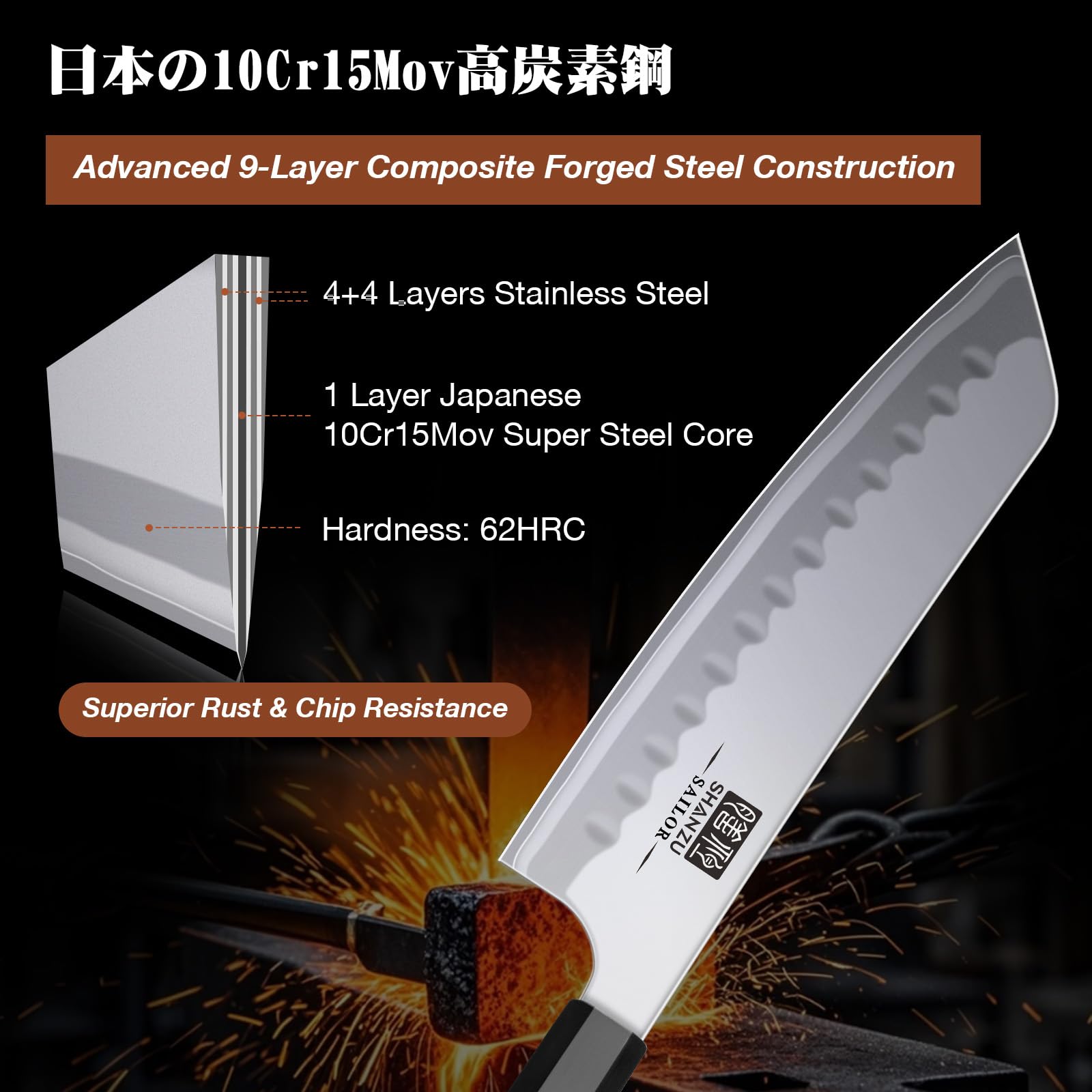 SHAN ZU 7 Inch Japanese Santoku Knife, 9 Layers 10Cr15MoV High Carbon Steel — Amazon image 4