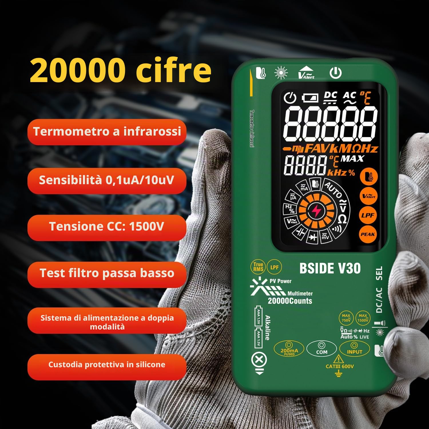 BSIDE Multimetro Digitale Intelligente 20000 Conteggi TRMS, Multimetro Fotovoltaico 1500V 0.01mV 0.1μA, Tester Elettricità con Filtro Passa Basso, Doppia Alimentazione, LCD a colori e Termometro IR