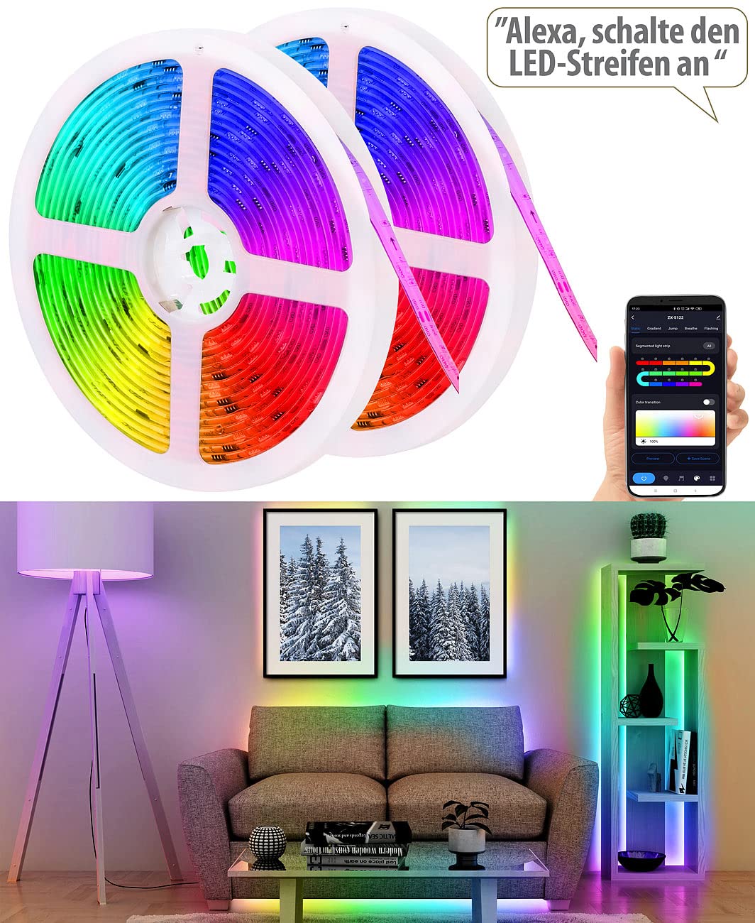 Luminea Home Control RGBIC-LED-Strips Alexa: Set da 2 Striscia LED WLAN-RGBIC, Controllo audio, app, controllo vocale, 5m, 500 lm, controllabile tramite ELESION (striscia Alexa, strisce wifi)