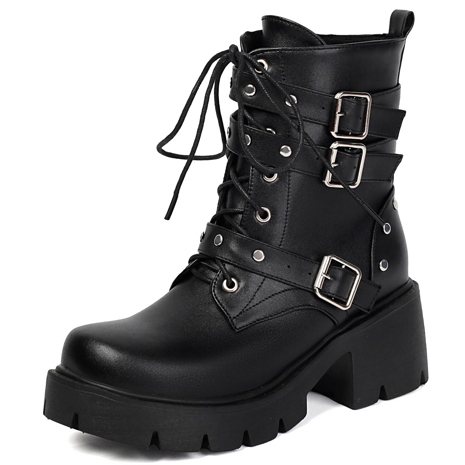 Womens Ankle High Combat Boots Platform Chunky Heels Lace up