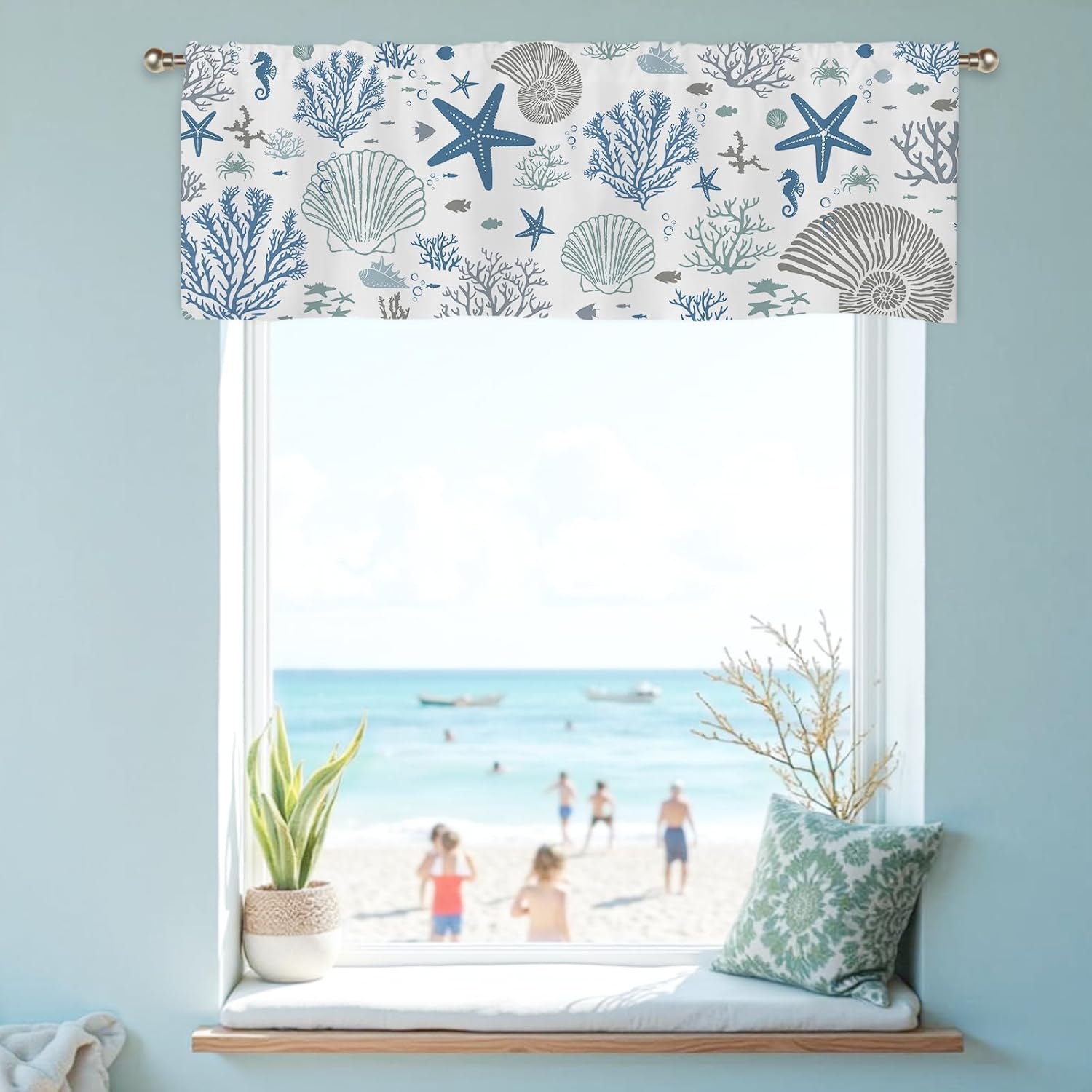 Coastal Valances for Windows, Summer Nautical Valances for Windows, Blue Seaside Valance Curtains Ocean Starfish Shell Kitchen Window Decor Conch Coral Living Room Bedroom Bathroom 51x18in - Image 6