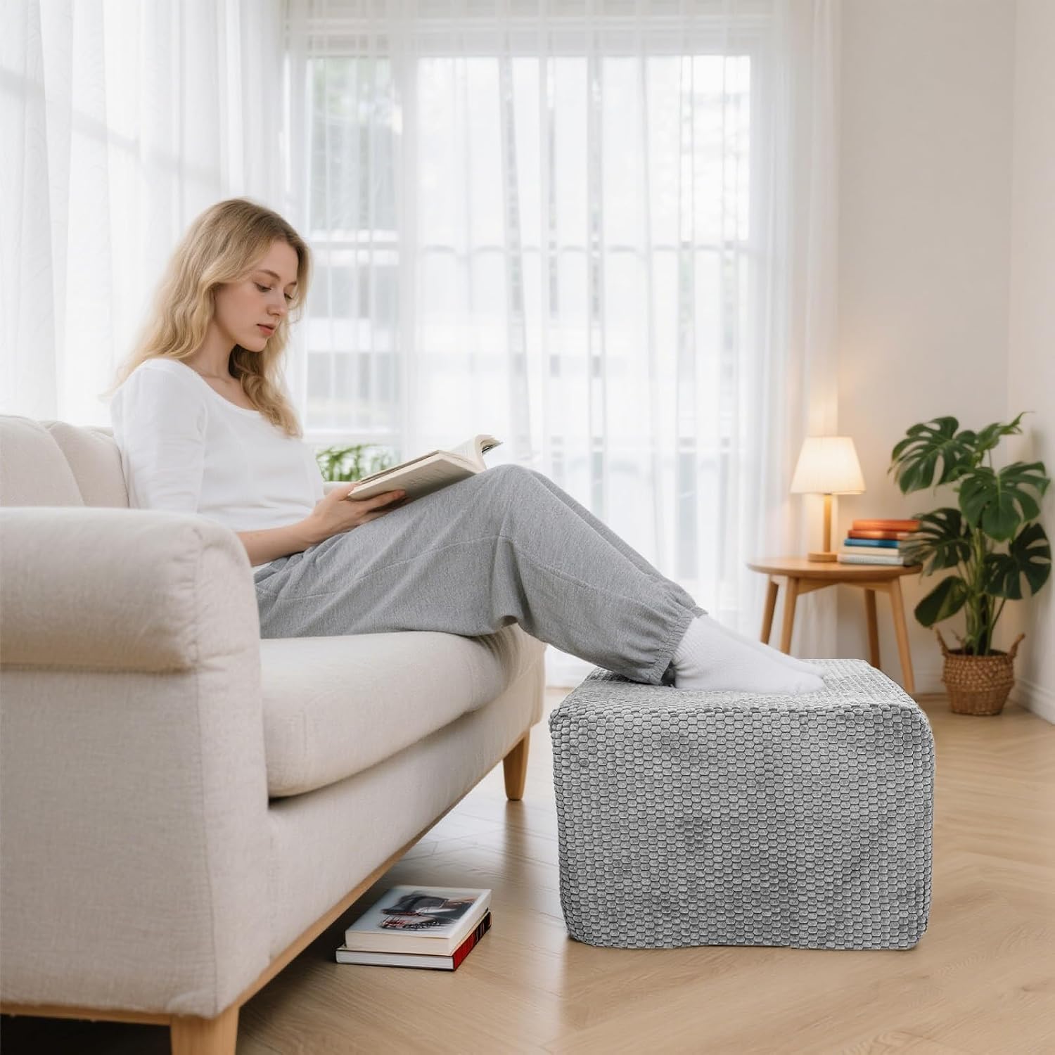 Furry Square Pouf Ottoman – 20"x14" One-Piece Seamless Integral Foam Foot Stool Ottoman Foot Rest Living Room Bedroom Under Desk (Gray)