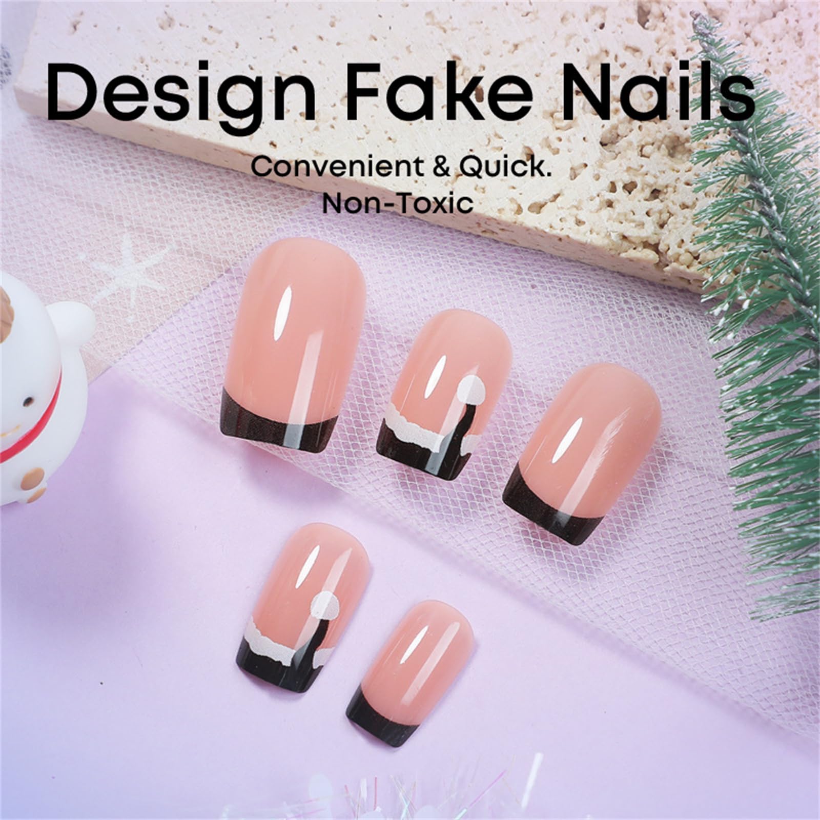 24 pezzi cappello di Natale Stick On Nails punta francese copre completamente unghie finte unghie corte premere sulle unghie unghie artificiali per le donne