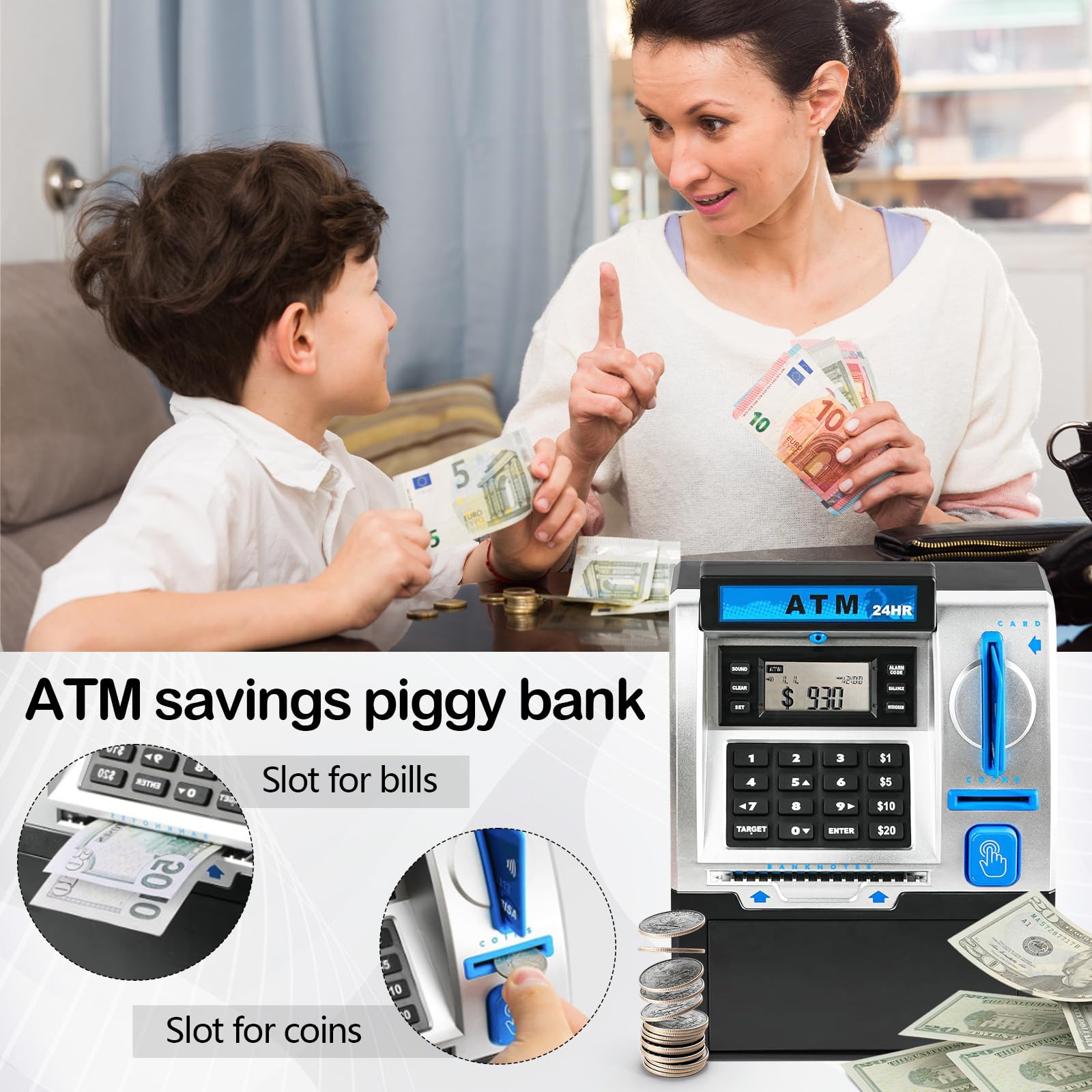 Salvadanaio Elettronico, Money Bank Cassa di Risparmio Versione EURO ATM Salvadanaio Elettronico Digitale ATM per Monete e Banconote Auto Scorrimento Carta Money Saving Box