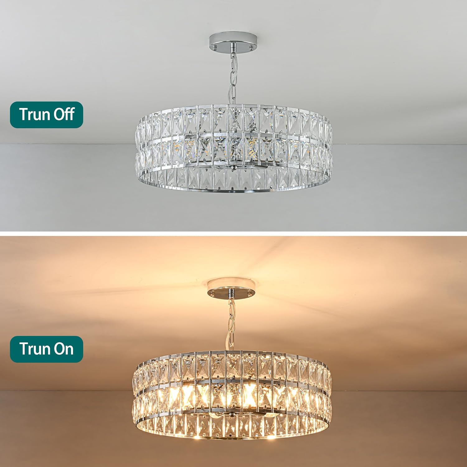Crystal Chandelier for Dining Room,17.7'' LED Luxury Modern glass Mount Chandelier Fixtures, Round Kitchen Hanging Drum Pendant Lights Ceiling for Living Room Bedroom Foyer, with 6pc*5W Bulbs (Chrome)