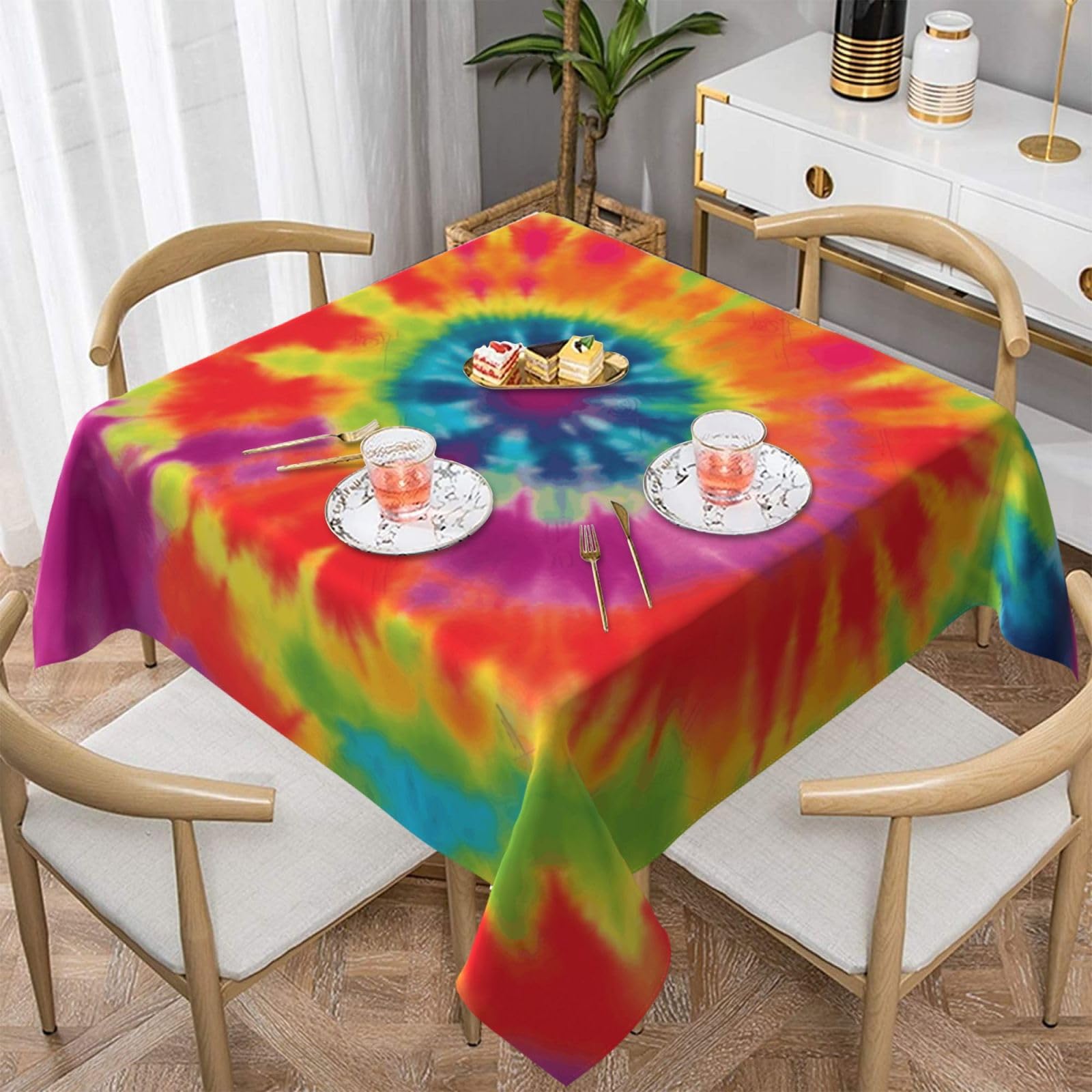 WPKJU tie dye Rainbow Printed Square Tablecloth 60x60 inch Water Resistant Table Cover Washable Rectangle Table Cloth for Dining Tables