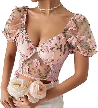 Womens Butterfly Embroidery Corset Crop Tops Mesh Puff Sleeve Bustier Top Side Lace Up T-Shirts