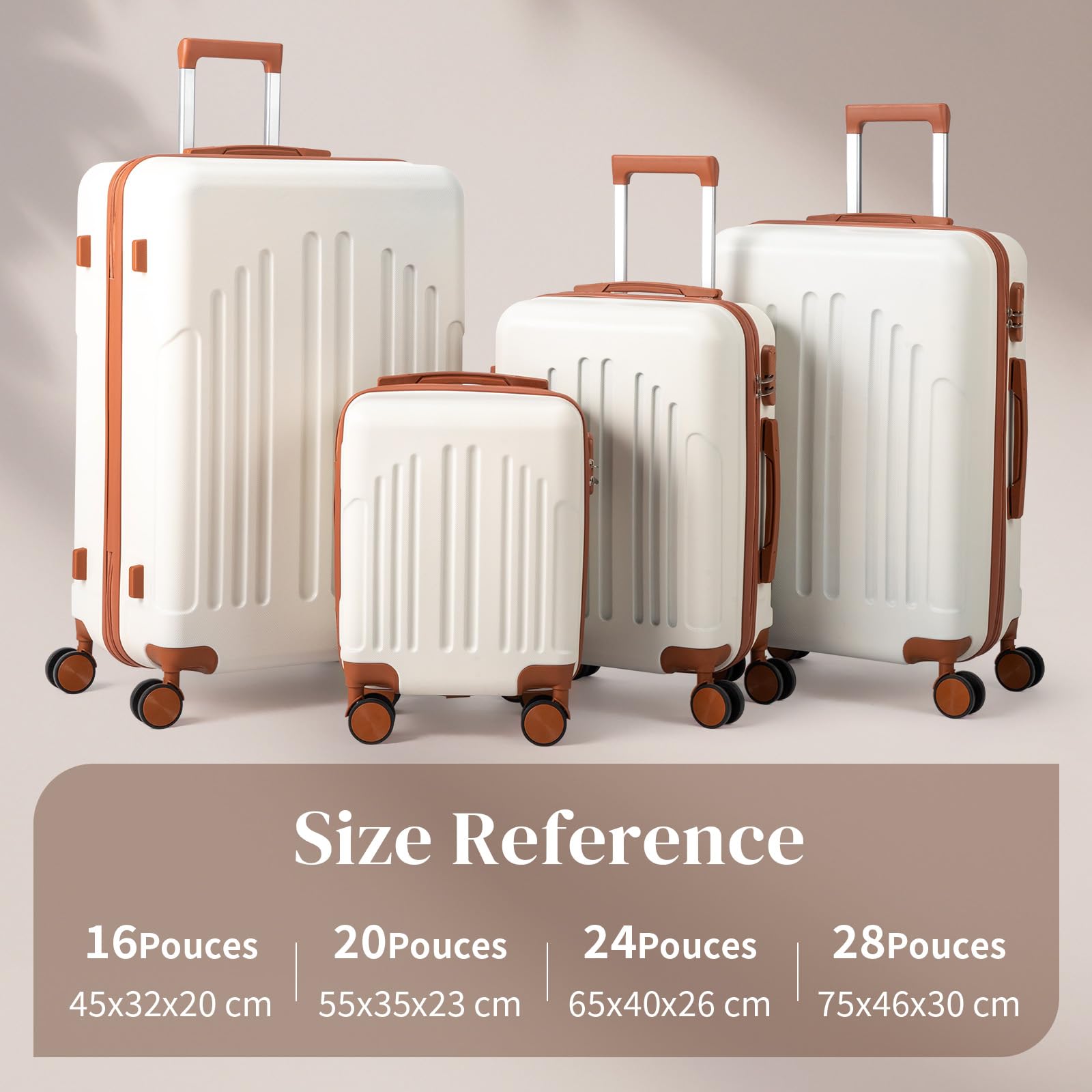LEADZM Set de 4 Valises de Voyage, Valise Grande Taille & Cabine, Valise Soute Ridide en ABS, Bagages Cabine avec roulettes Pivotantes 360° et Cadenas (Beige-Brun)