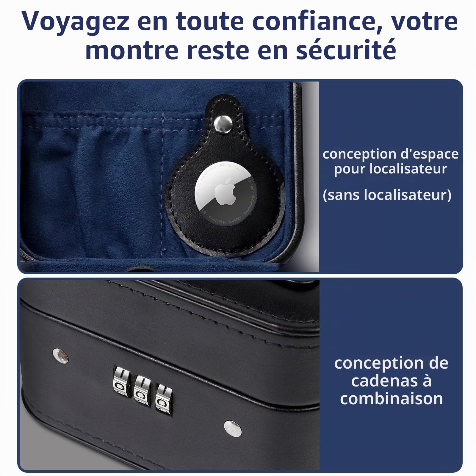 KAMIER Coffret de Voyage pour Montres, Étui Homme 2 Montres Solide en PU Cuir avec Cadenas à Combinaison, Boîte de Rangement Portable pour Montre, Bagues et Colliers – Cadeau Homme et Femme – Noir