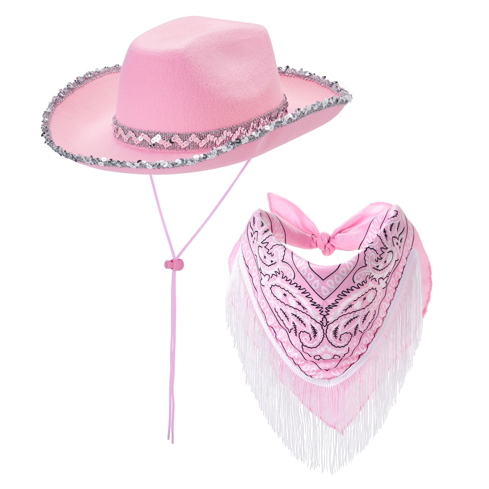 Cowgirl Cowboy Hats For Women Western Cowboy Costume Set Bandana Wide Brim Sequins Cowgirl Hats Tassel Scarf 2PCS Set