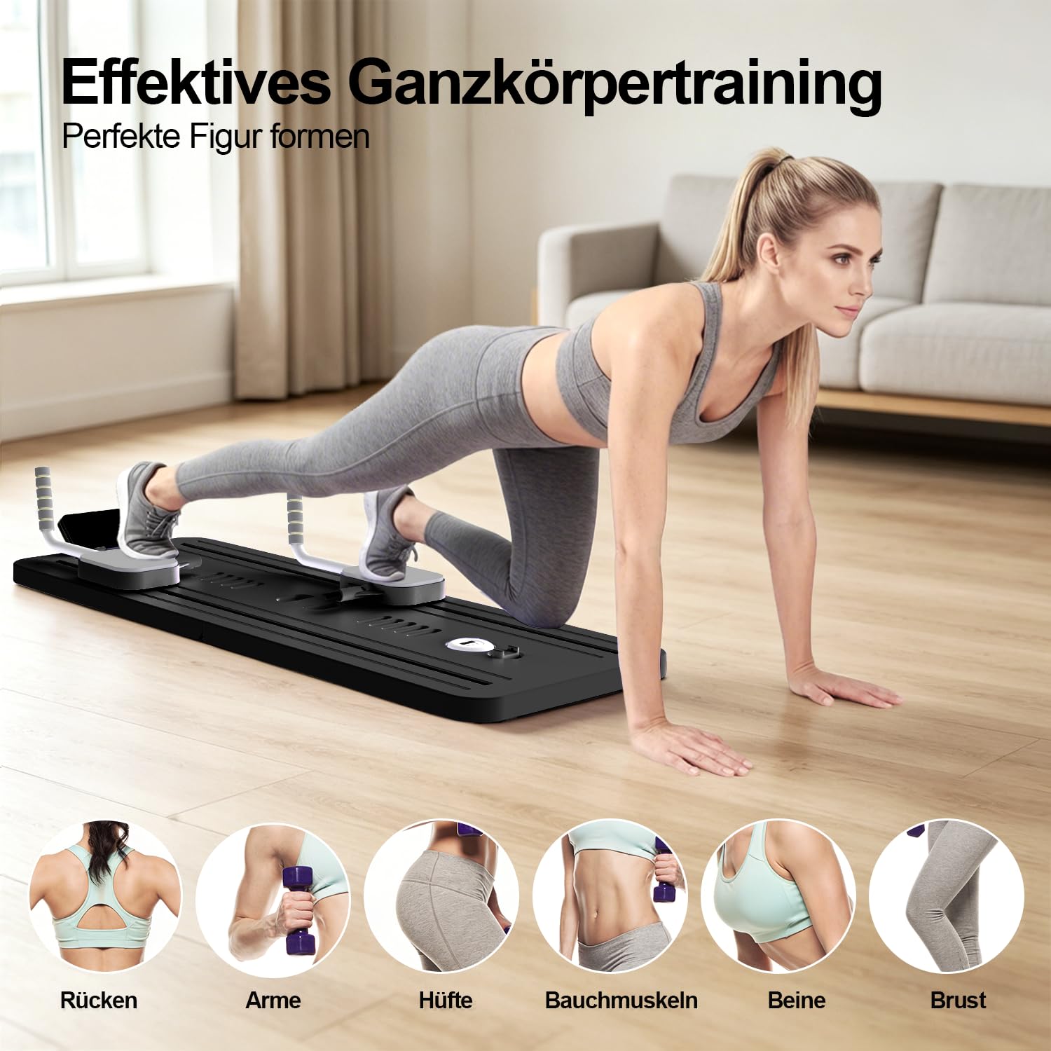 Multifunktional Pilates Board für Zuhause, Mini&Faltbarer Pilates Reformer Homegym(100+Ubungen), 10 in 1 Pilates Set für Ganzkörpertraining&Bauchtrainer, Brett 200KG inkl Automatisches Rebound