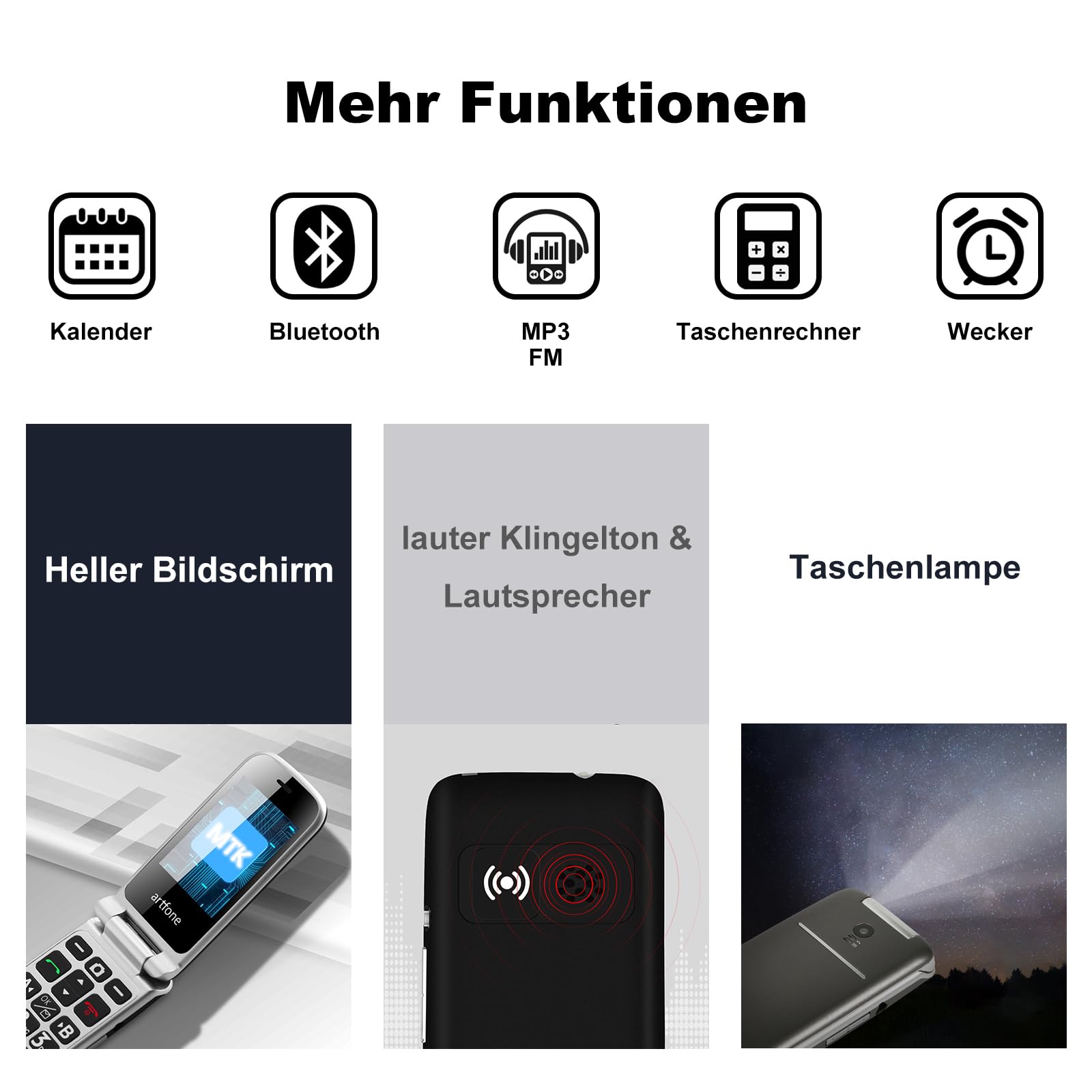 artfone G3 Schwarz - 4G Seniorenhandy Klapphandy Ohne Vertrag丨Rentner Handy große Tasten丨SOS Notruftaste丨Ladestation丨Lautsprecher丨Kurzwah丨Handy für Senioren丨FM Radio丨2,4 Zoll Farbdisplay丨1300mAh Akku