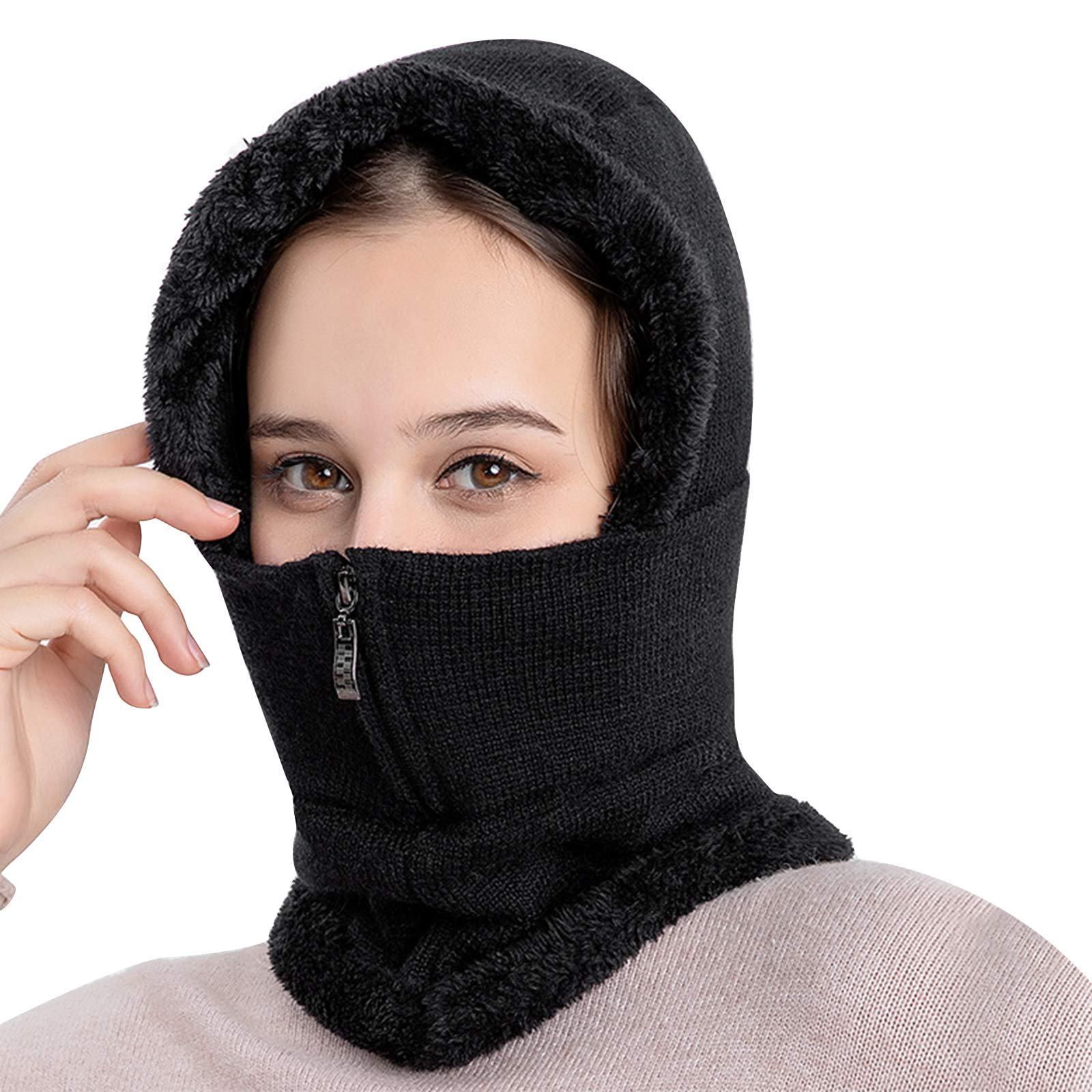 Pasamontañas con forro polar para mujer, resistente al viento, cálido, de punto, con capucha - negro - Talla única