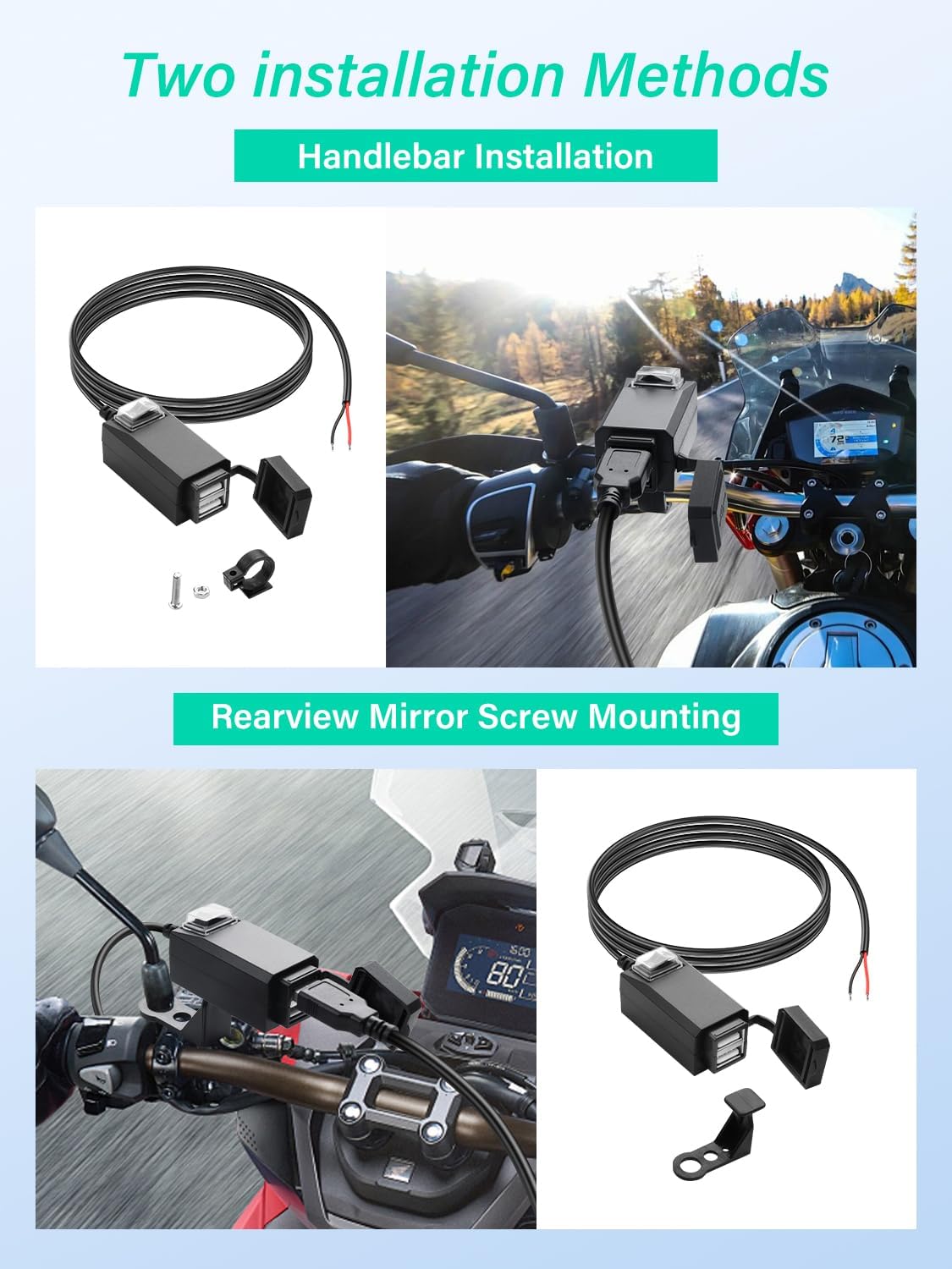 Motorcycle USB Charger, 3.1A Dual USB Motorcycle Waterproof Charger with Switch for Phone, Tablet, GPS, etc-1.2M/3.9ft