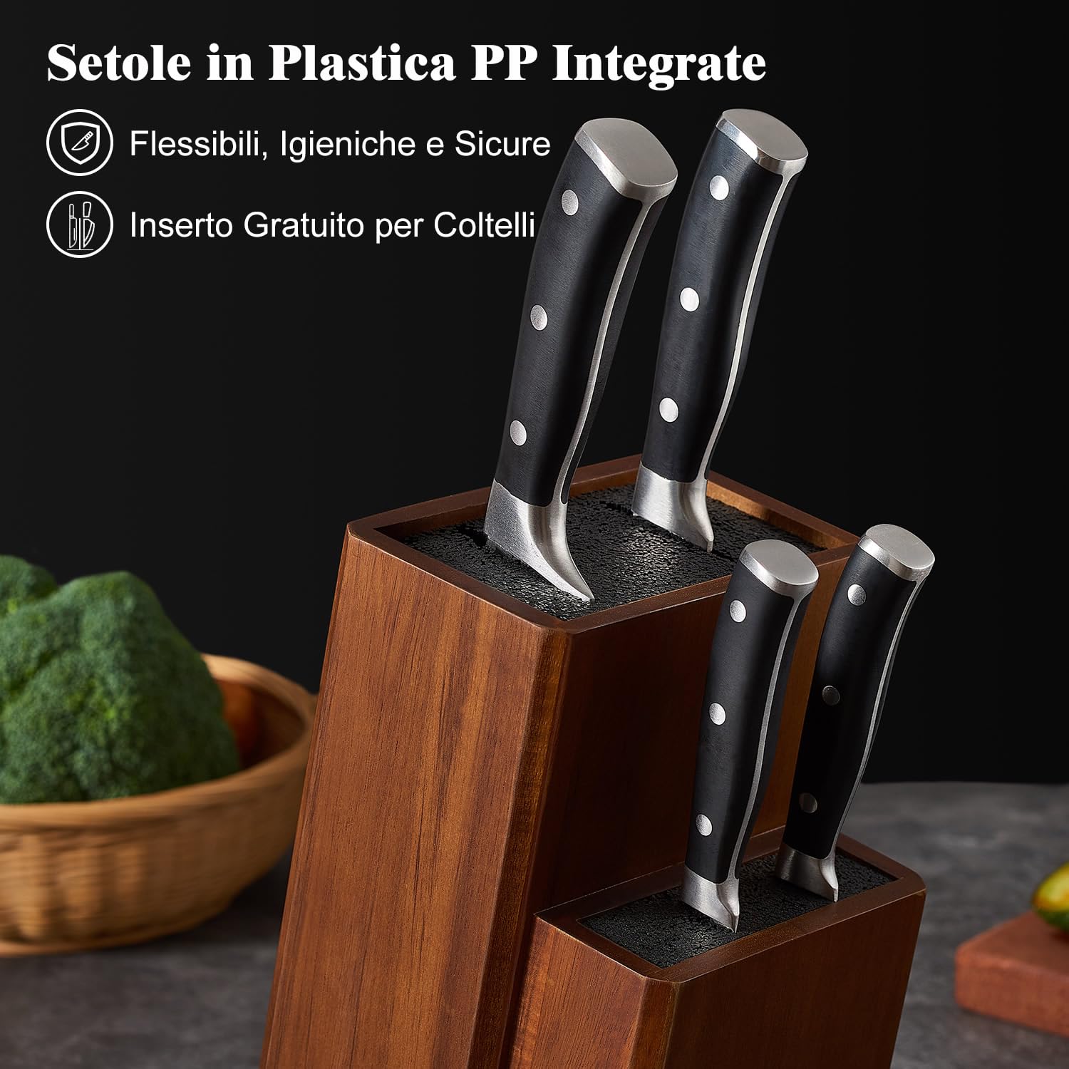 ENOKING Universale Ceppo Coltelli da Cucina, Porta Coltelli Cucina in Legno d'acacia, Ceppo Coltelli con Setole in Plastica Rimovibili, Portacoltelli da Cucina per Bancone da Cucina