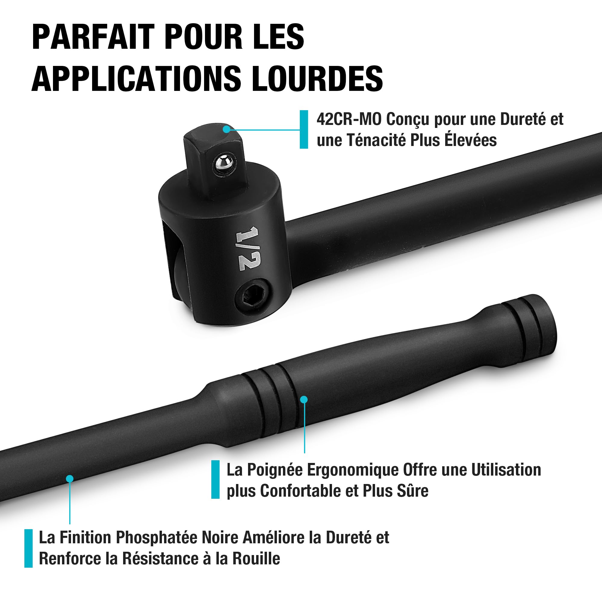DURATECH Clé à Cliquet Articulée 1/2", Barre de Force de 600 mm Robuste, Clé de Force avec Tête Flexible 240°, Couple Maximal 780Nm, pour Réparations Auto et Atelier