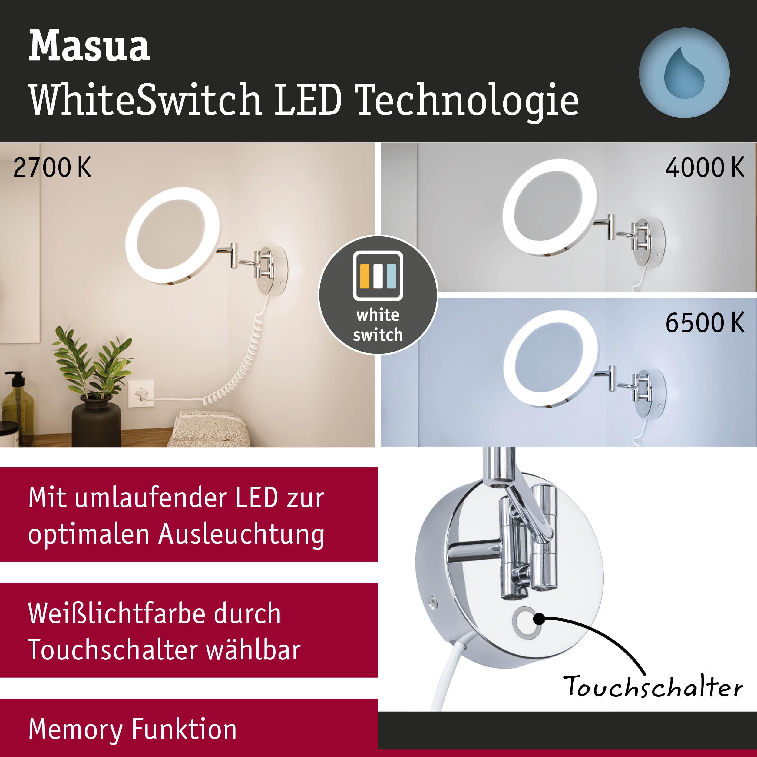 Paulmann 71148 LED Kosmetikspiegel Masua IP44 White Switch 55lm 230V 4W Chrom 3-fach Vergrößerung